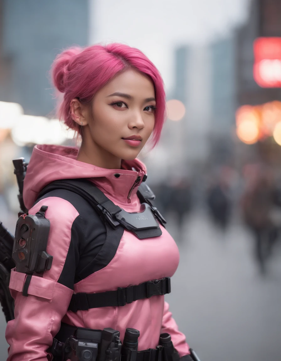 REALISTIC ANIME STYLE, JAPANESE ANIME, REAL ANIME, RAGE UNLEASHED, CRAZY SMILE, HAPPY, INSANE, afro asian cute woman cyborg soldier HEAVY CYBERNETIC ARMOR, NEON PINK SNIPER RIFFLE, SNIPER RIFLE glowing PINK eyes,BIG COOL CYBERNETIC HOODIE JACKET WITH NEON LIGHTS, cybernetic, cyberpunk SNIPER, on planet venus, wasteland, apocalypse, barren venus planet, cinematic, volume lighting,