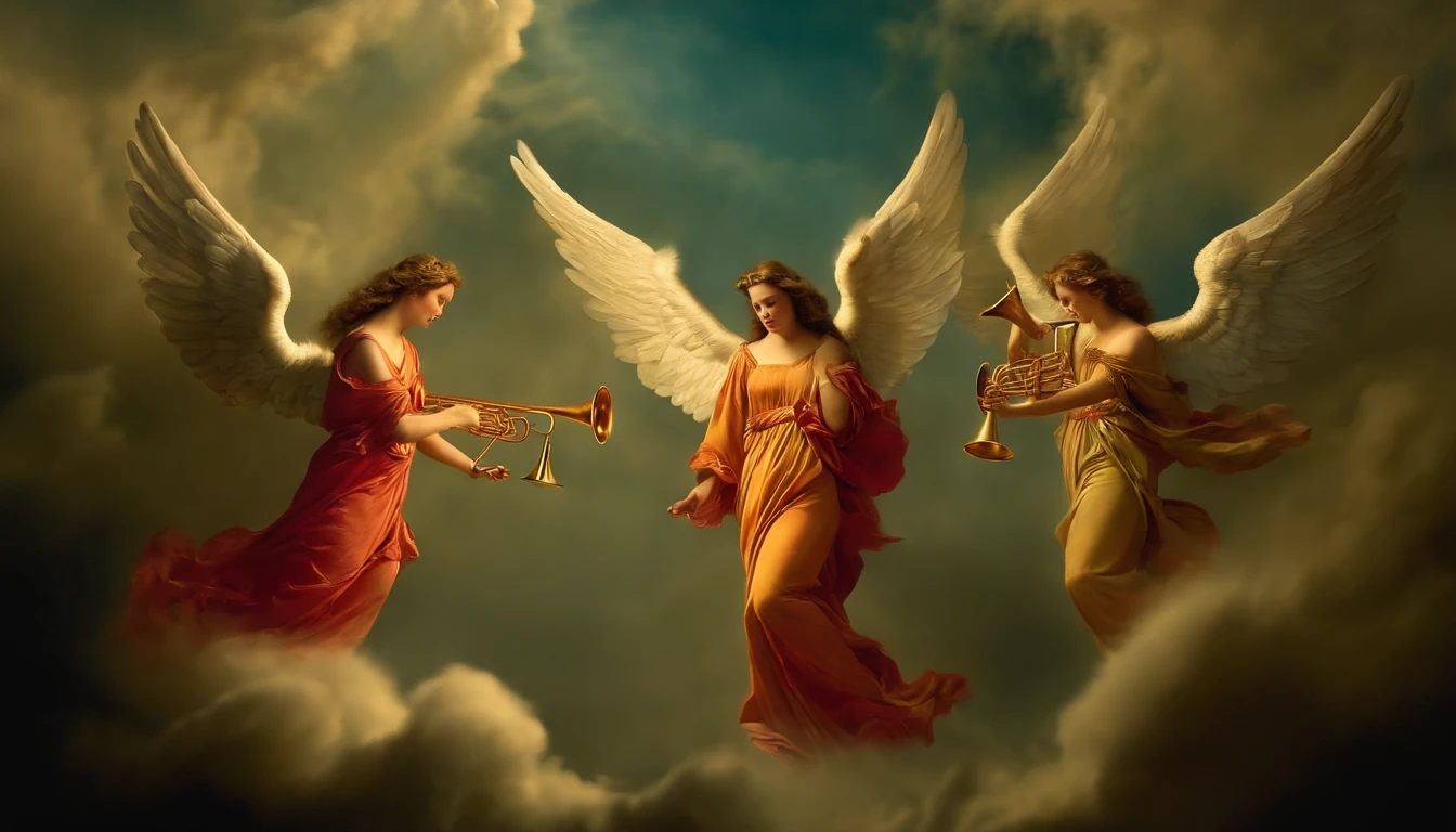 angels playing trumpets in the sky