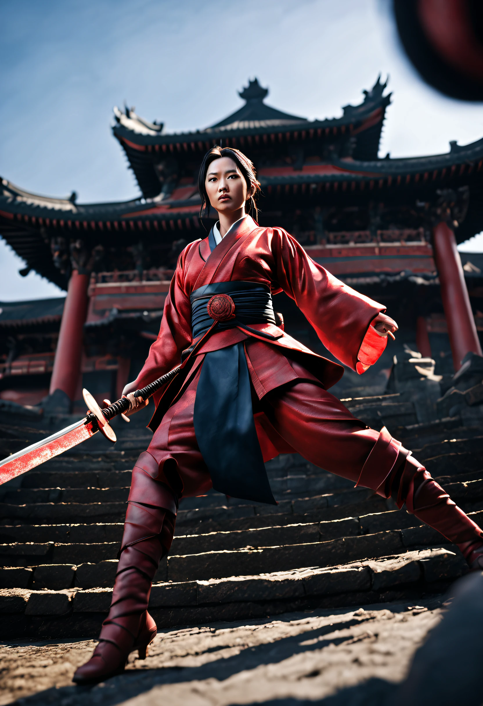 an ultra realistic wide angle epic full body battle shot of Mulan, intricate details, wearing a highly ultra realistic intricate detailed stunning red Samurai costume, ultra perfectly detailed face, ultra detailed sword, smooth edges and curves, surrounded by warriors, war battleground, dark, gothic, Old Japanese architecture palace buildings, photorealistic, cinematic, centered, wet ground, symmetrical volumetric lighting, ambient occlusion, unreal engine, photographed by Akira Kurosawa, inspired by Ran movie, bokeh, particles, ultra detail