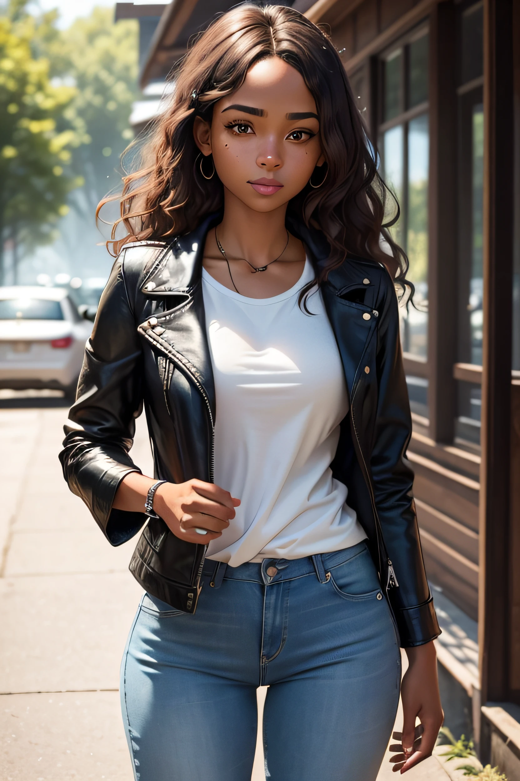 Generate a description of a realistic black girl character for a contemporary fiction novel. She is in her early twenties, stands at an average height, and has a lean yet athletic build. Her warm hazel eyes reflect a mix of determination and kindness, and her chestnut hair flows in loose waves down to her shoulders. She has a few faint freckles sprinkled across her cheeks, a testament to the hours she spends outdoors. Her style is casual yet chic, often seen in jeans, t-shirts, and a well-worn leather jacket. She exudes a quiet confidence and is known for her quick wit and a passion for outdoor activities, particularly hiking and photography. Her life is a balance of pursuing her career in environmental conservation and savoring the simple joys of life. Create a narrative that brings out her personality, interests, and the unique experiences that have shaped her character