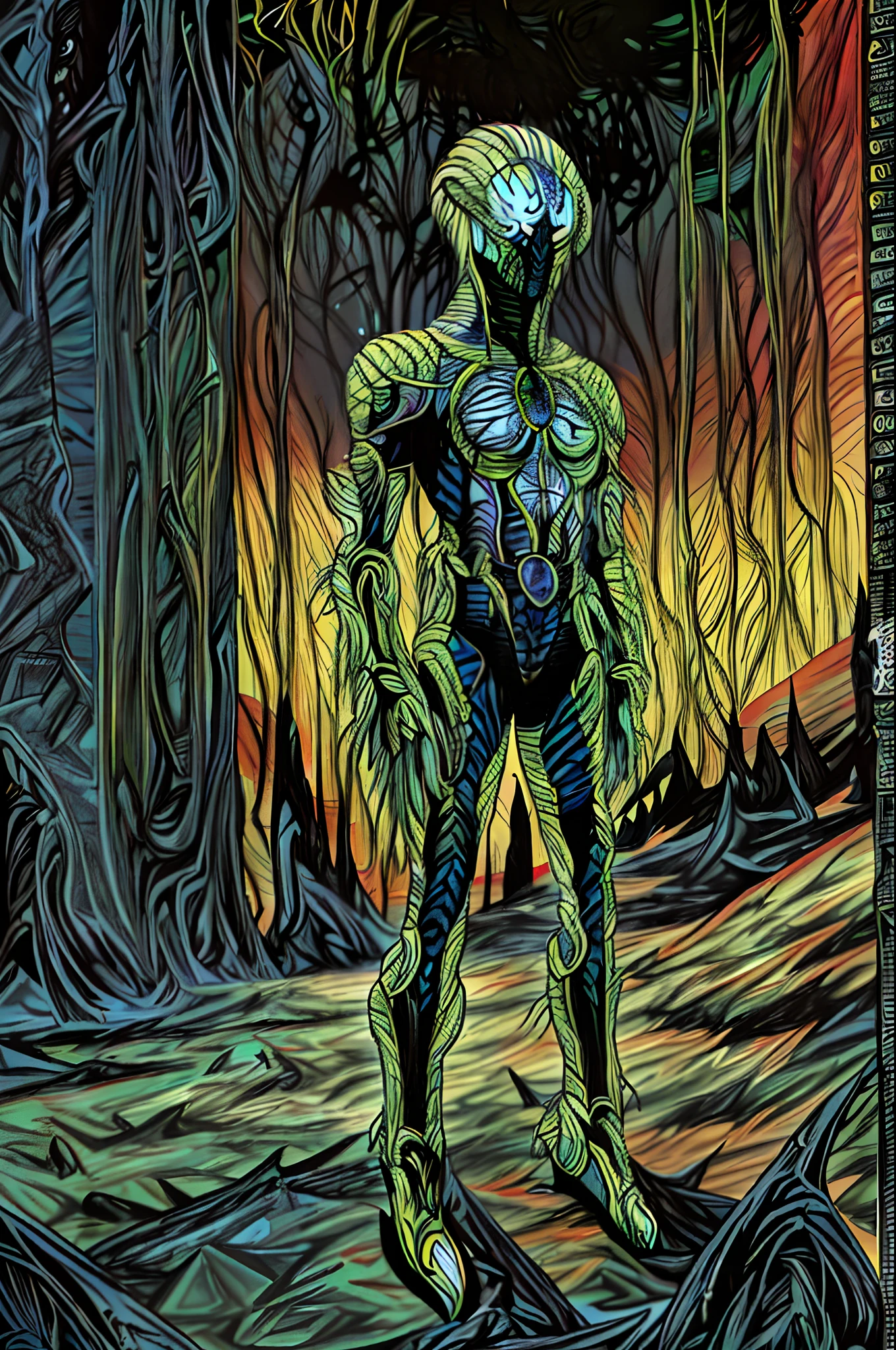 weird edgy superhero, standing, solo, full body, dark, mysterious, surreal, powerful, dramatic lighting, intense colors, comic book style, 60s,methurlant intricate surreal gritty atmospheric cinematic stylized contrast comic eerie cybernetic futuristic, bizzare, eldritch, strang, occult, psychedelyc, surreal, terror, animal