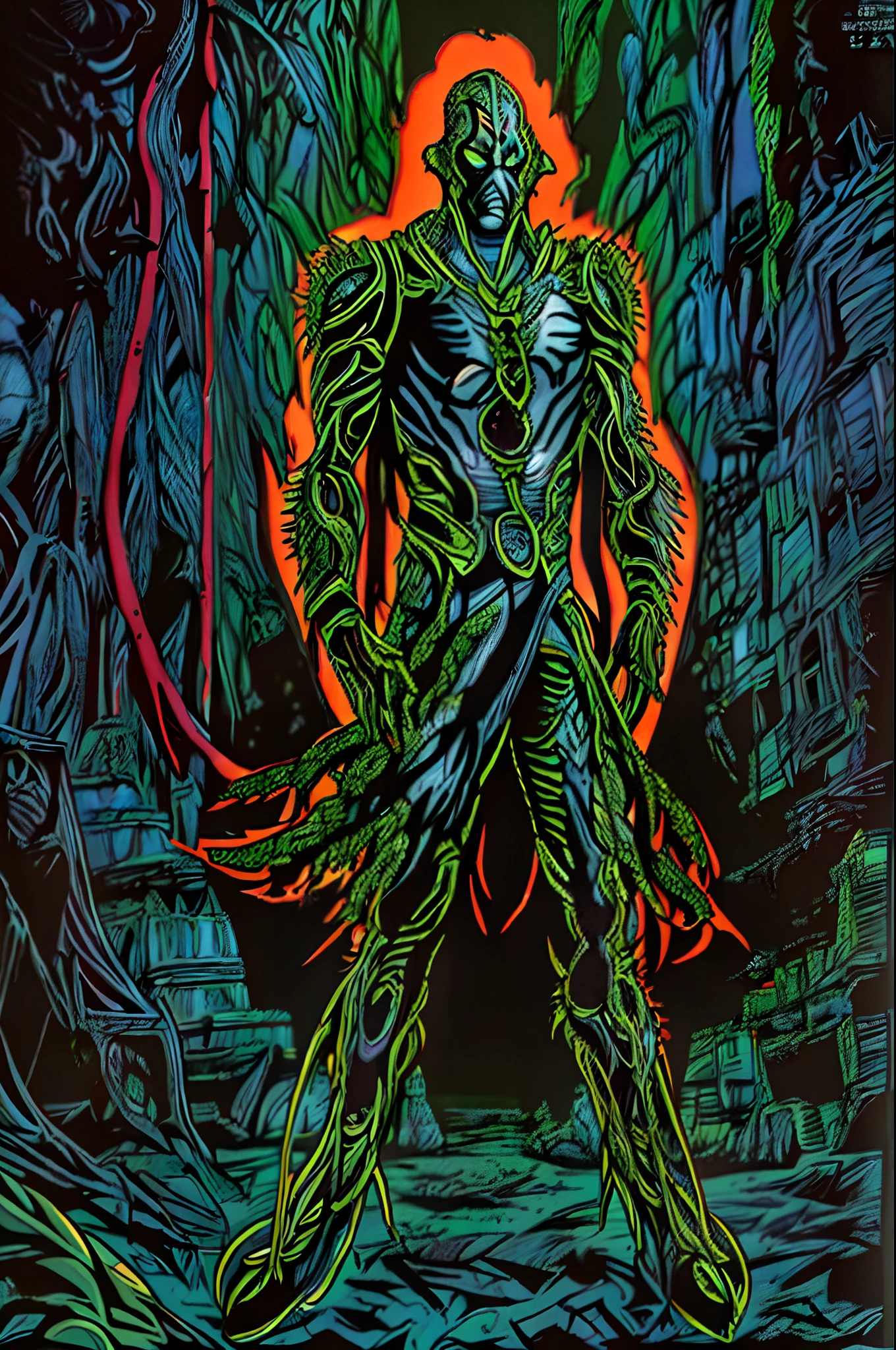 weird edgy superhero, standing, solo, full body, dark, mysterious, surreal, powerful, dramatic lighting, intense colors, comic book style, 60s,methurlant intricate surreal gritty atmospheric cinematic stylized contrast comic eerie cybernetic futuristic, bizzare, eldritch, strang, occult, psychedelyc, surreal, terror, animal