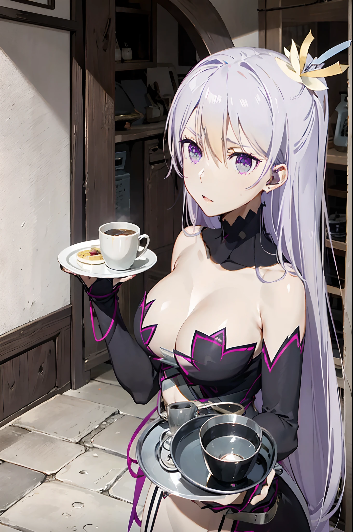 reona silver hair long hair large breasts purple eyes hair ornament jewerly hair between eyes,,waitress bdsm girl chained tray tray