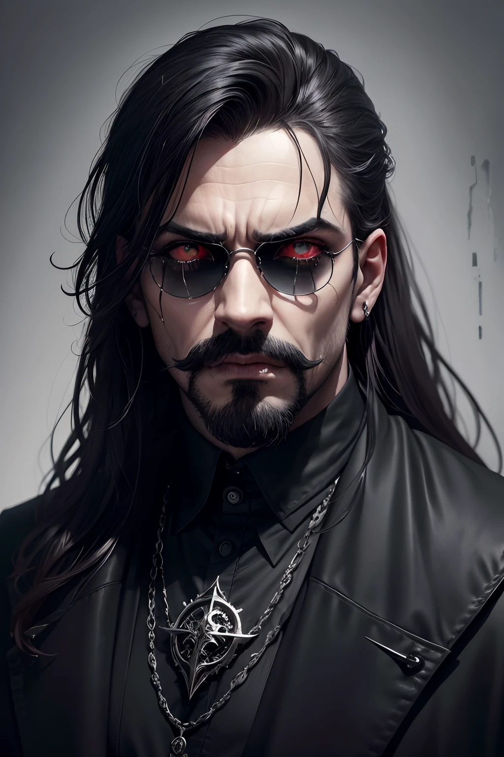 retrato de um homem maduro 50 anos, com uma cruz pintada no rosto, gothic face, gothic horror vibes, ominous gothic aesthetic, olhos negros mal-humorados, barba e bigode pequenos e definidos, round sunglasses, gothic art style, creepy gothic portrait, com olhos negros, Fantasia sombria misturada com realismo, gothic aesthetic, Deus da morte, Estilo sombrio e de terror, com olhos esclerais pretos, tears weeping red blood. Face horrorosa. pele preta realista.