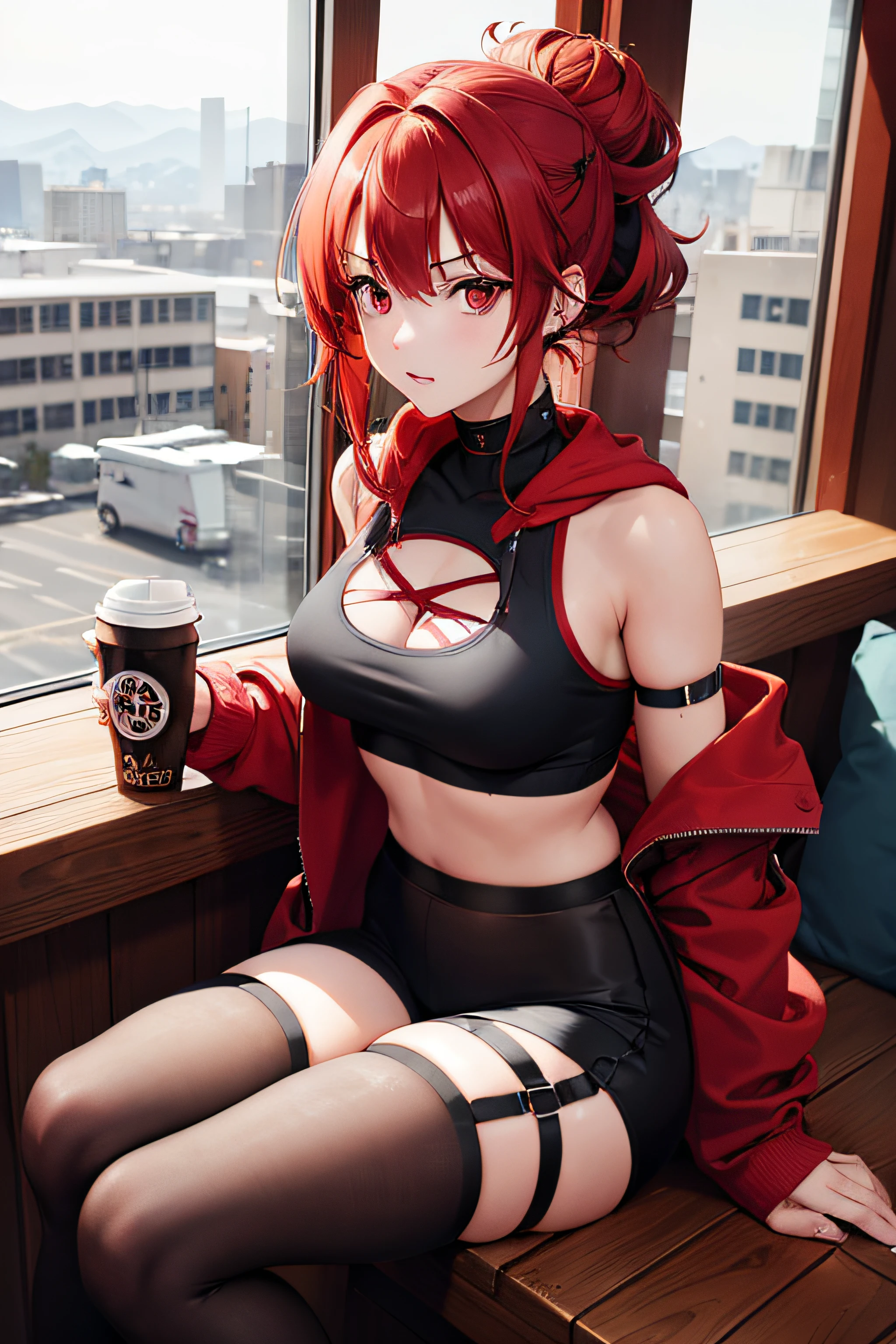 1 girl, Red hair, updo hairstyle, streaks of hair in face, red eyes, mascara, oversized hoodie, (midriff), hot pants, tights, laced tights, bags under eyes, sitting, coffee shop, ground angle shot, viewer looking up, feet in tights, chocker, raw photography, 8k, masterwork,