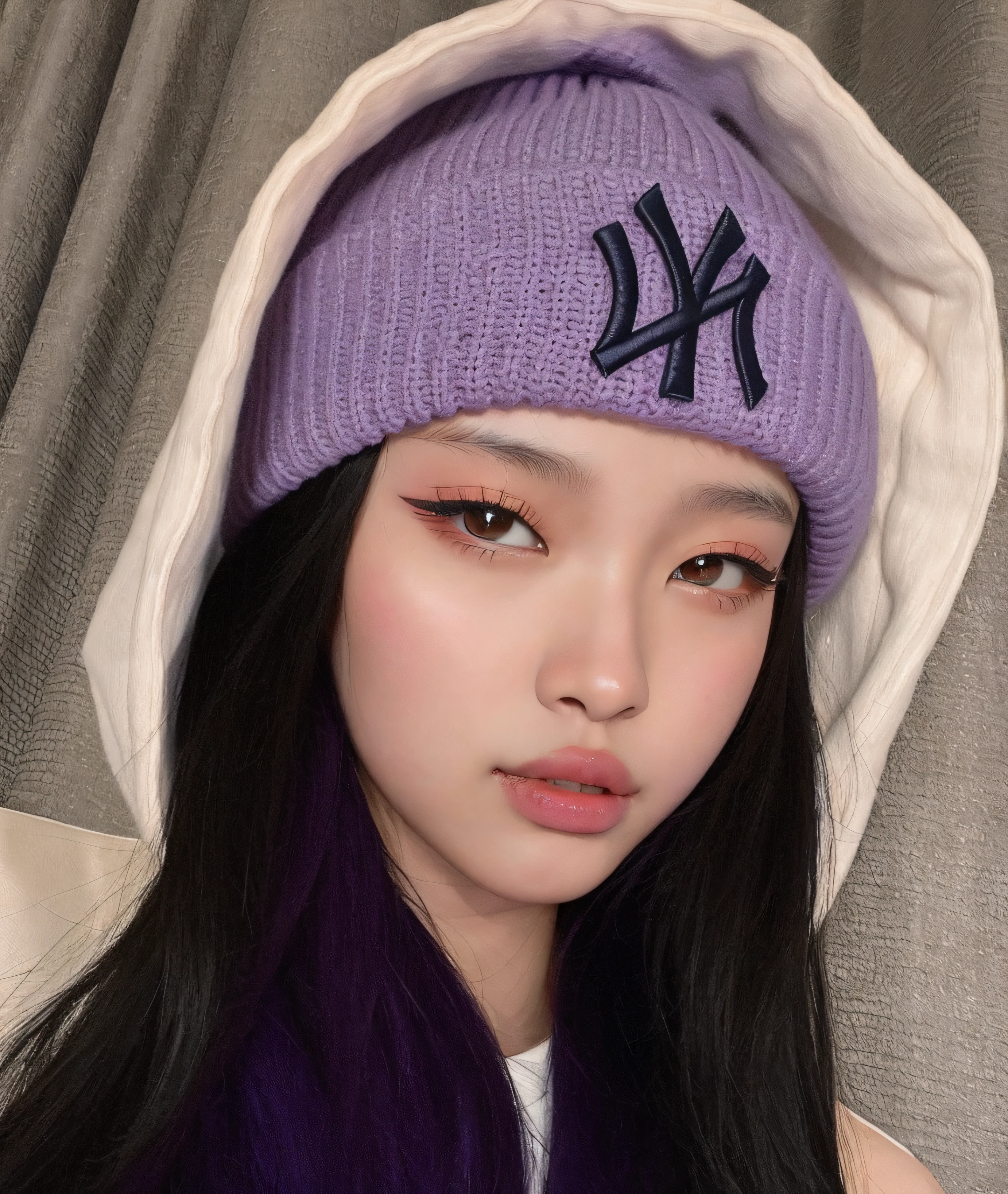 Arafed Woman with long black hair wearing a purple hat, wearing a purple cap, Xision Wu, dilraba dilmurat, Sakimichan, ulzzang, Wan adorable cara coreana, maquillaje popular de Corea del Sur, 19 year old girl, young cute wan asian face, Lulu Chen, purple skin color, Blackpink Jennie