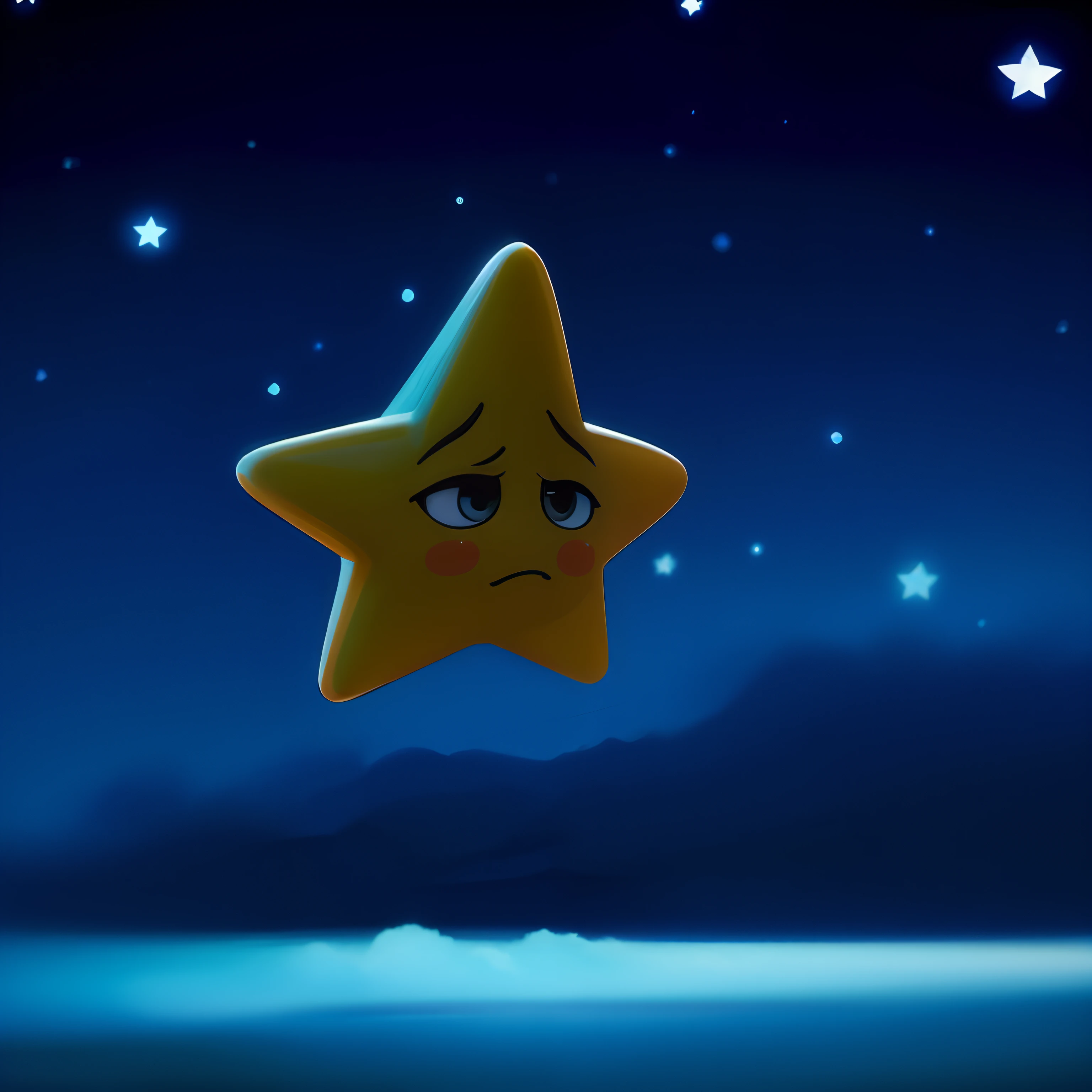 There is a yellow star with a sad face, Star in the sky, star sky, brilho da estrela, estrelas no fundo, borboleta estrela, Estrelas de Snining, estrela, estrelado, Estrela Michelin, Estrelas, Estrela da Sorte, very sad emotion, background is celestial, estrelas como pupilas, sad expression, estrelas no fundo, with a sad expression