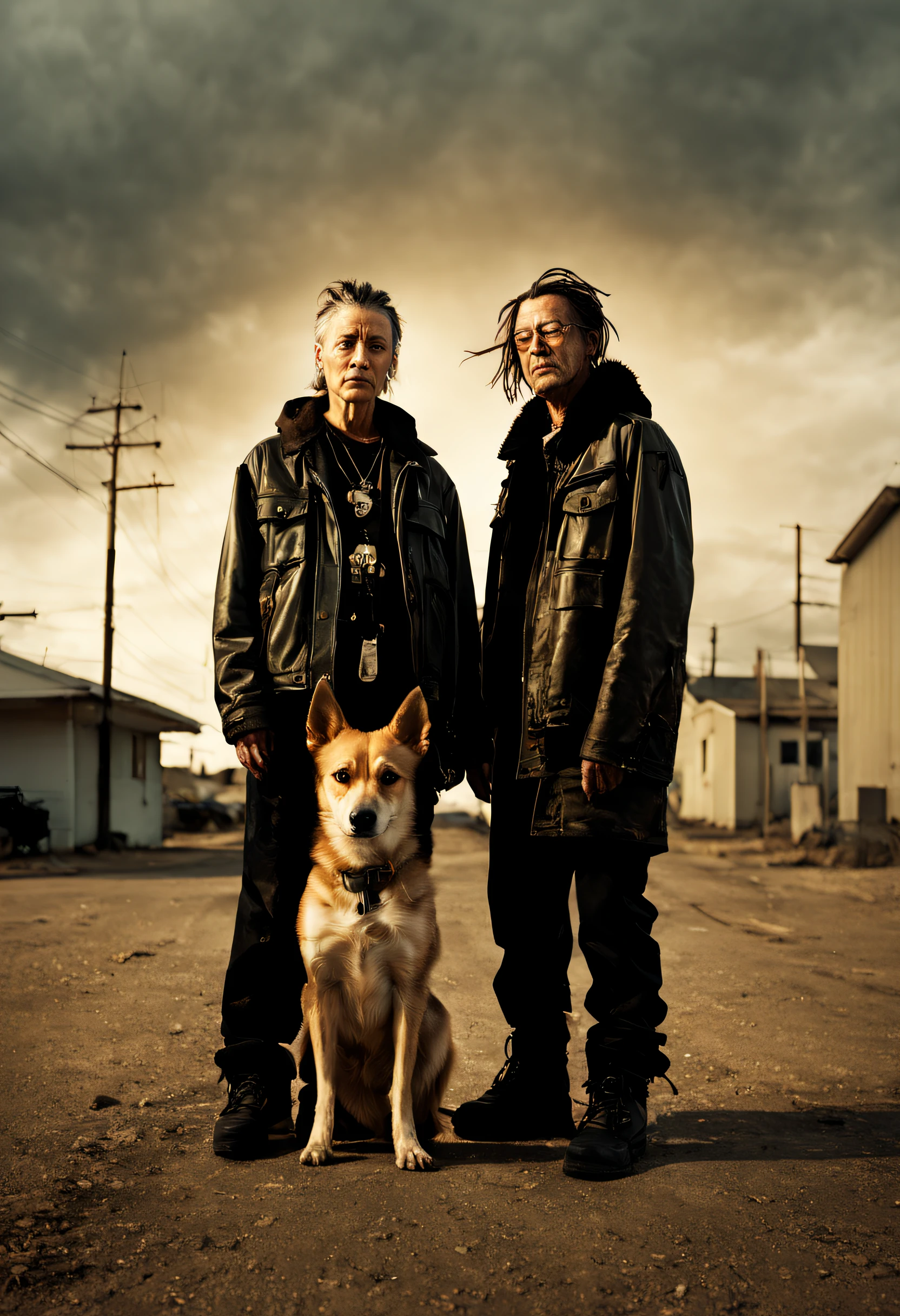 ((warped distortions, conceptual photography, individuals and abstract forms in tandem)), a couple of punk homeless standing with a dog, ((Todd Hido style)), stark minimalism, backlit lighting, warm color tones, pointofview, futurism, mixed media, sharp details, shot on Hasselblad H6D400c with prime lens, rhythm, harmony, symmetry, saturation, sharpness, timelapse, HDR photography, Masterpiece, good composition, best quality, 8K, high res, ultra-detailed, cinematic look
