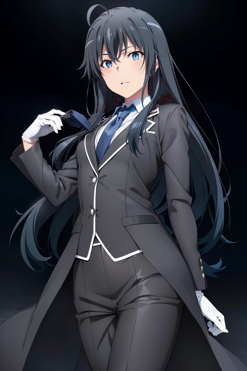 Yukinoyukinoshita, Yukino Yukinoshita, Black hair, eyes blue, long hair, ahoge, (small breasts:1.2),(Best Quality,4k,8k,highres,巨作:1.2) Yukinoshita Yukino in a black tuxedo suit,Smileing,Badass Butler Female,shinning eyes,Sharp jawline,Insight,Elegant hairstyle,Confident attitude,white gloves,Fragile tie,Mysterious aura,Dramatic shades,Subtle ambient lighting,Great photo style,Deep contrast,rich colors,Bright Blues,Dark shades,Shiny textures. looking at the scenes, Best Quality, high-resolution, unity 8k wallpaper