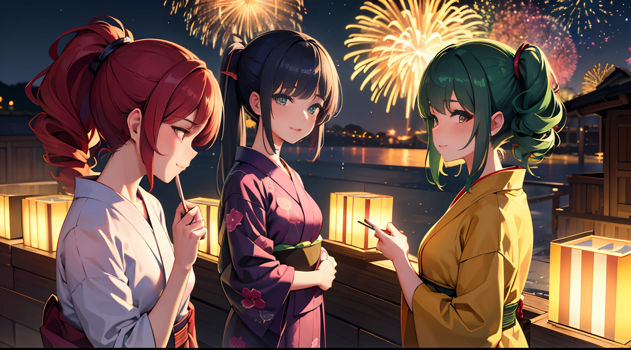 masterpiece, lots of detail, 4k, 8k, ((ultra-detailed)), highres, 2girls, standing, fireworks, yukata, kissing, eyes closed, {red hair|green hair|black hair|blue hair}, {ponytail|short hair|long hair|curly hair}