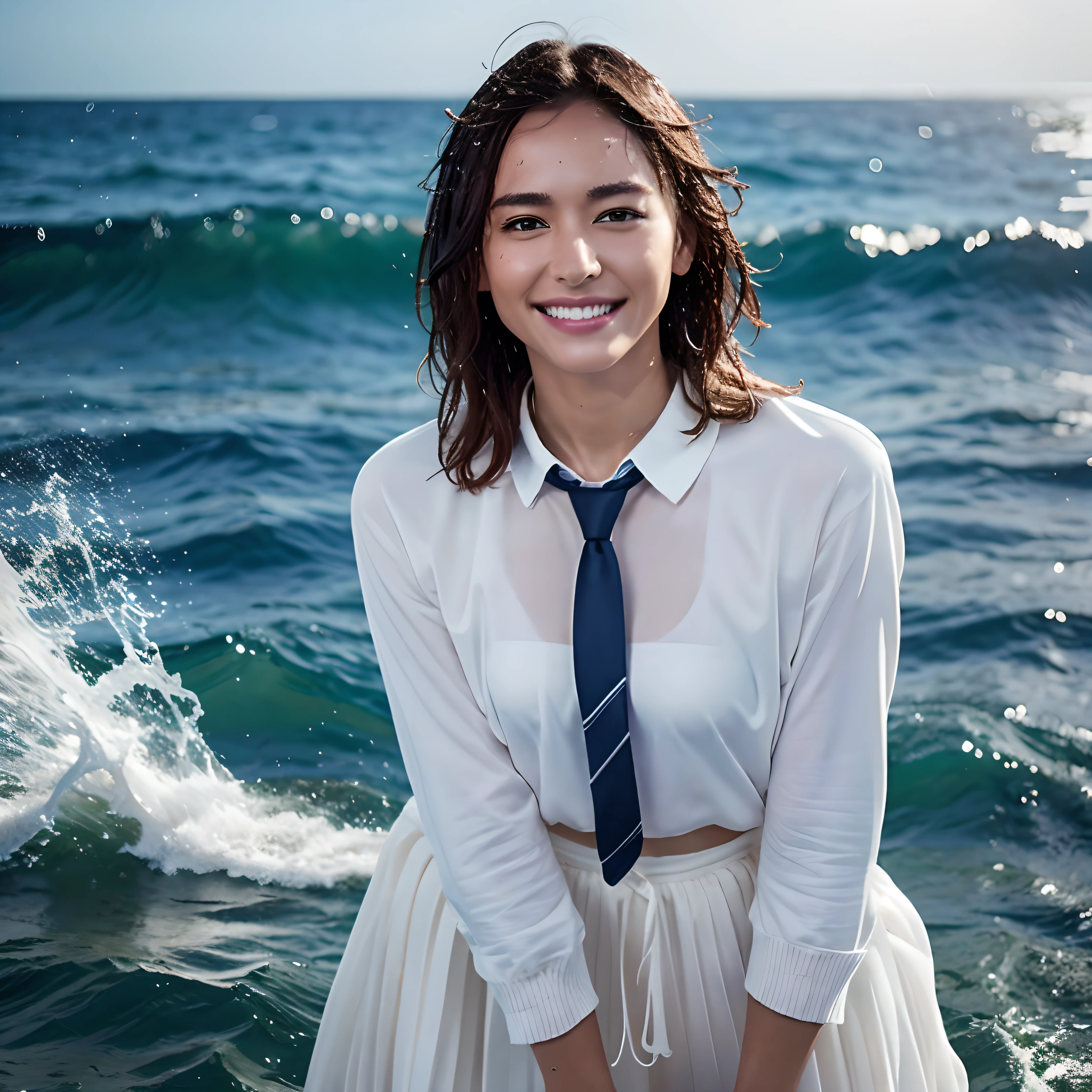 35-year-old woman in uniform playing in the water, Women in Greece, in beach, Wet sand, vague, Long sleeves, 2 girls, (Cardigan), ((Loose tie)), ((tie)), ((Pleated skirt)), (White shirt), closeup fantasy with water magic, Beautiful Maidens, Playful, (Splashing) Wearing a skirt made of water, Photorealistic, Dripping wet, Touching, In the water up to the shoulders, beautiful realistic photo, nymph in the water, Hyperrealism portrait of seaside, Surreal Fantasy Pictures, Splashing, Erotic, Play with each other, Cute shots, Narrow depth of field, 8K, ((Drenched)), ((soaked)), (Dripping water), Drip the oil, Heavy clothing, Soaked in oil, wet all over, wet dripping hair, short brown hair, Smiling, Sunny, mediterranean, see through, Poses variadas