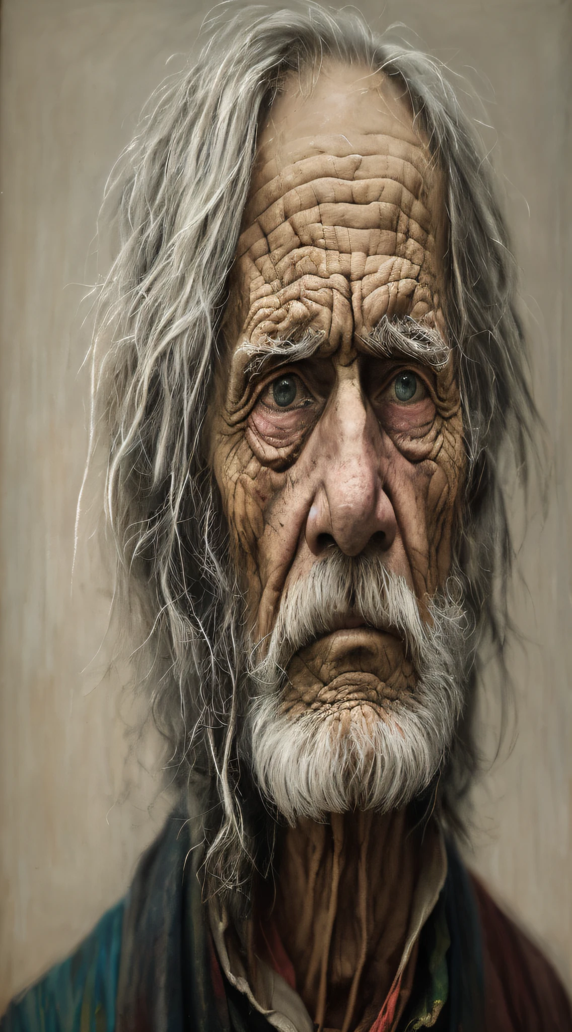 A portrait of poor russian 1800 old worker in rags, ((overwhelming fatigue )), wrinkles of age, concept art, oil pastel painting , moody gray colors , gritty, messy stylestyle of Alexey Savrasov, Ivan Shishkin, Ilya Repin, (cel shaded:1.2), 2d, (oil painting:1.2) highly detailed