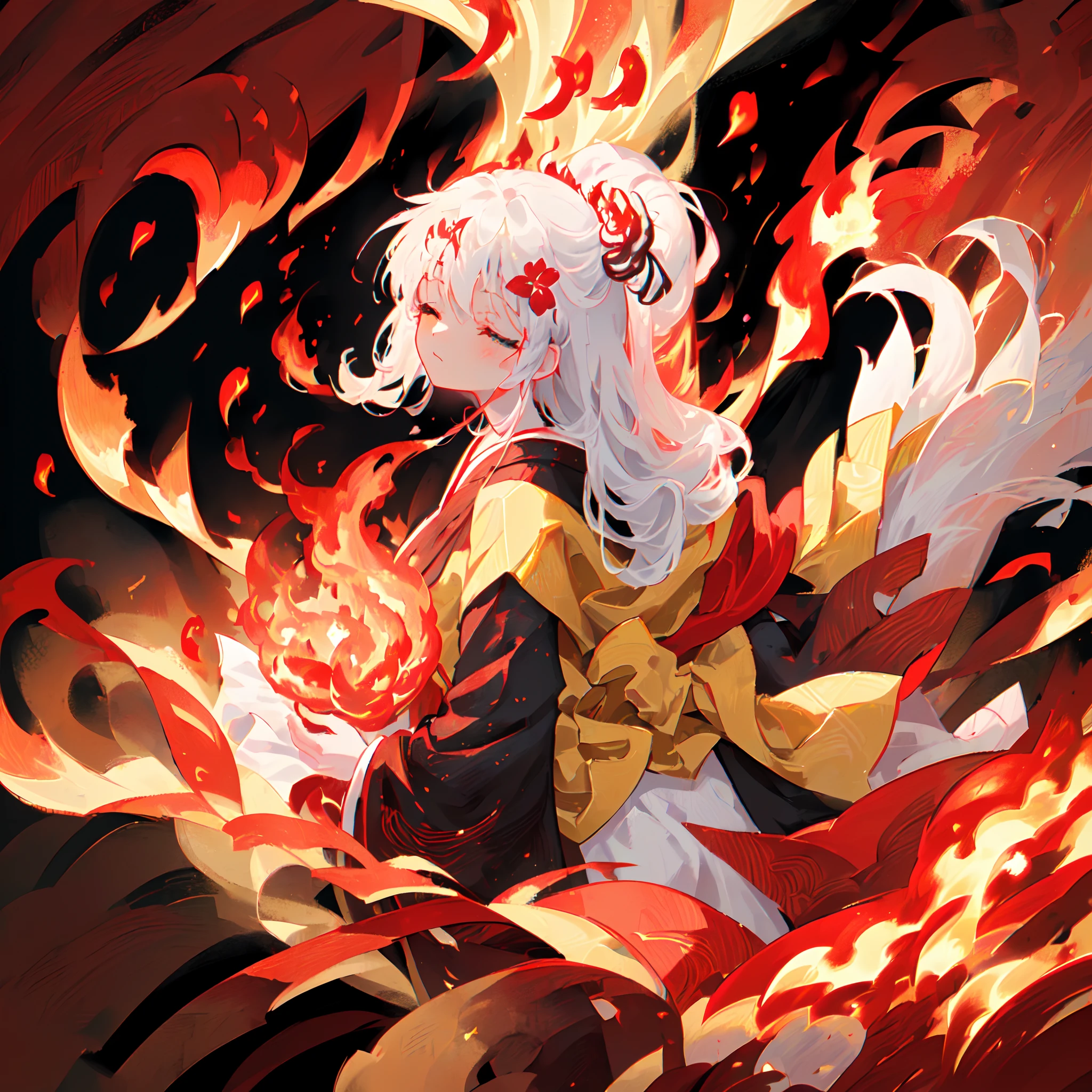 ((solo)), ((close-up side profile of a girl with (eyes closed))), detailed face, ((head tilted up)), (long white hair that is tied up with a flower hair ornament), flowing hair, (burning flowers, fire), (lots of floating petals and flowers, motion blur), (black kimono, (red ribbons)), flowing cloth, (((red flames in background))), ((strong wind)), masterpiece, extreme details