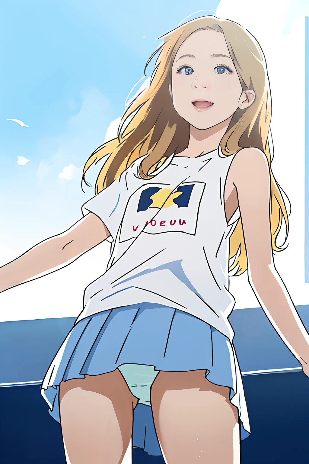 ((European pre-)), beautiful girl, Light blue eyes, T-shirt with exposed shoulder, Tiny pleated skirt, no panties, close-up from thighs to face, shot from below, very fair skin, very long hair, wavy hair , blonde hair, ancient temple, sunrise, photorealistic, Indirect lighting, volumetric light, ray tracing, hyper-detailed, best quality, ultra-high resolution, HDR, 8k