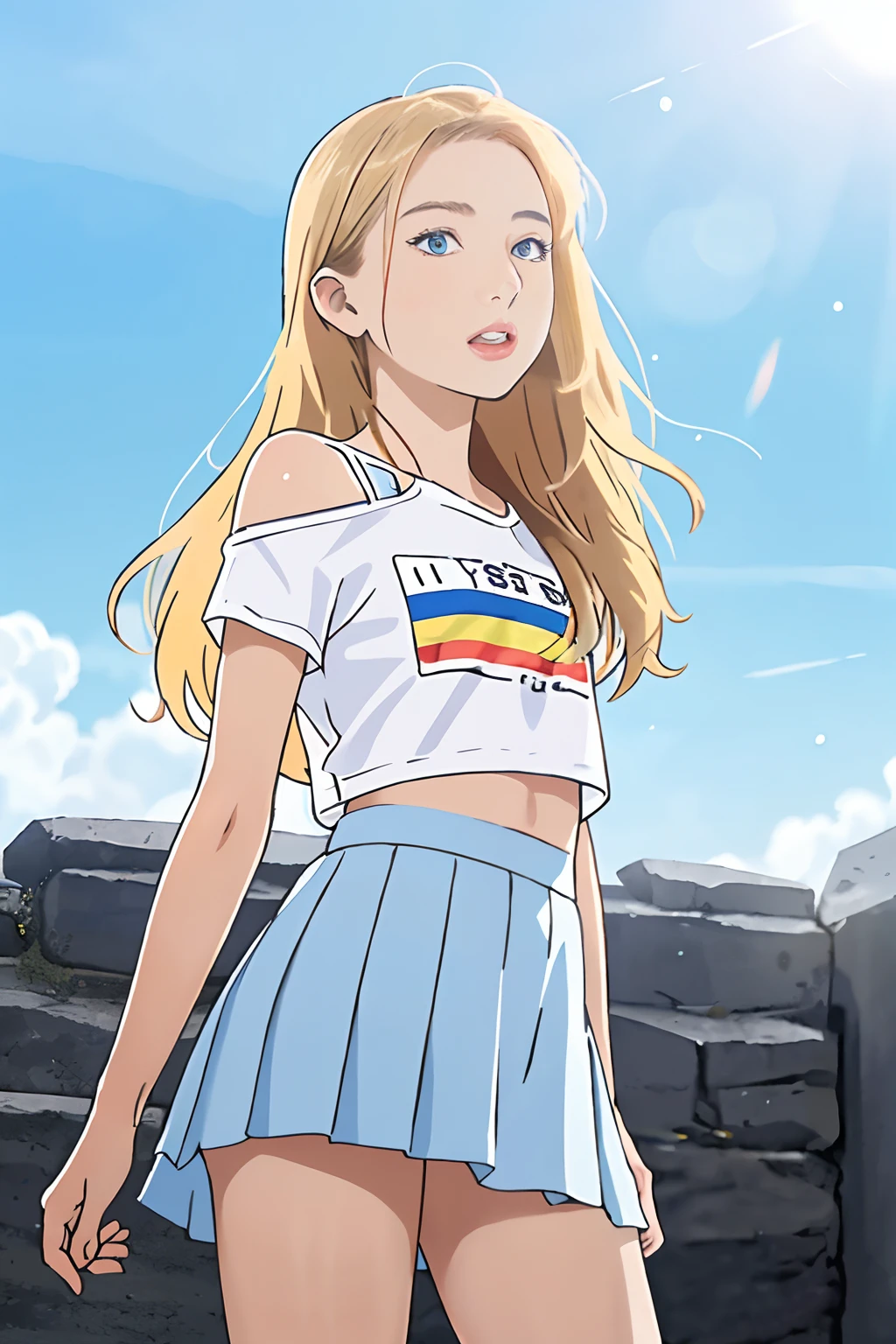 ((European )), beautiful girl, Light blue eyes, T-shirt with exposed shoulder, Tiny pleated skirt, no panties, close-up from thighs to face, shot from below, very fair skin, very long hair, wavy hair , blonde hair, ancient temple, sunrise, photorealistic, Indirect lighting, volumetric light, ray tracing, hyper-detailed, best quality, ultra-high resolution, HDR, 8k