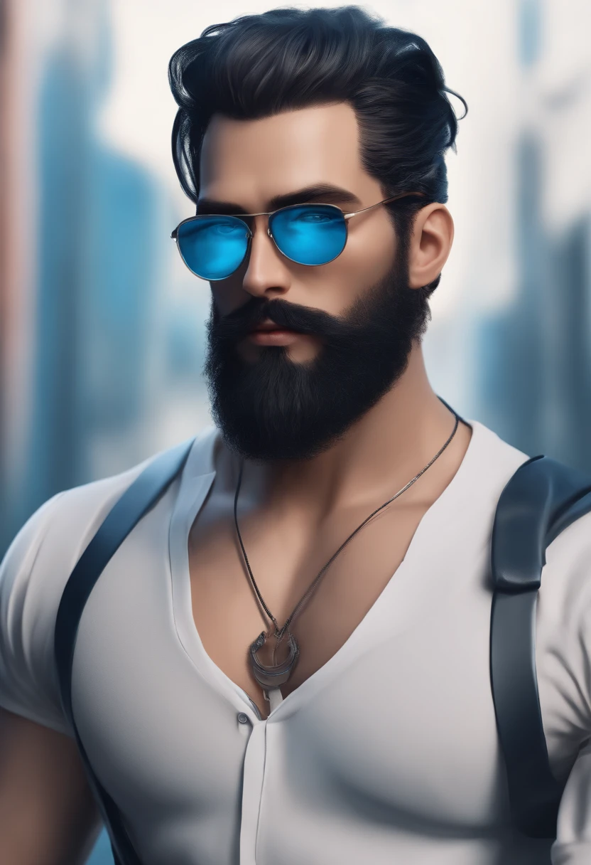 (Cyberpunk man in stylish clothes), (with a long, full beard,) (blue eyes) (portrait) Handsome and serious appearance, dark blue hair, Stylish and elegant, and strong body t-shirt, (Realistic and high quality), ((Best quality, 8k, master piece).