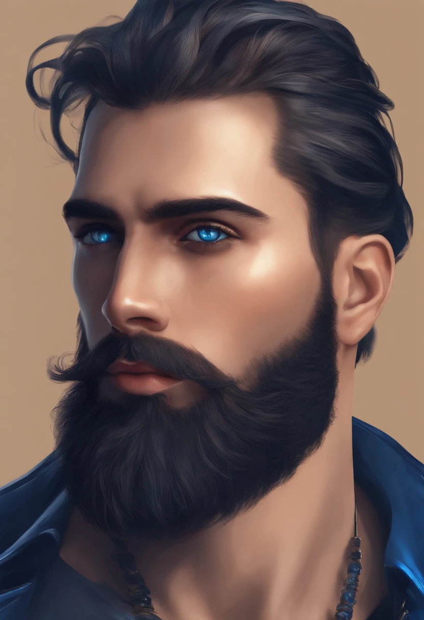 (Cyberpunk man in stylish clothes), (with a long, full beard,) (blue eyes) (portrait) Handsome and serious appearance, dark blue hair, Stylish and elegant, and strong body t-shirt, (Realistic and high quality), ((Best quality, 8k, master piece).