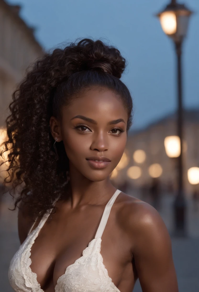 ((Dark African skin, Very deep ebony skin)), ((Its beauty is undeniable)), ((Excited cute face)), ((Hyper detailed perfect eyes,)), ((pose mignonne)), ((Langue sortie)), ((Seductive )), sexy, (( Tight mesh shirt, shorts courts sexy)), ((Afro ponytail with long African curly hair,)), (( peau)), ((debout, vue de face)), ((Touching your purse in a sexy pose)), ((dehors, Ville publique)), Sharp Focus CGI, photoreallistic, High detail, Realstic, Masterpiece, absurdes, Best quality, Hdr, High quality, high-definition, Extremely detailed, 8k wallpaper, Intricate details, 8K UHD, Full-HD, (photo realist:1.2), contraste, intense illumination, lighting cinematic, natural lighting, hard light, contre-jour, Illumination globale, occlusion ambiante