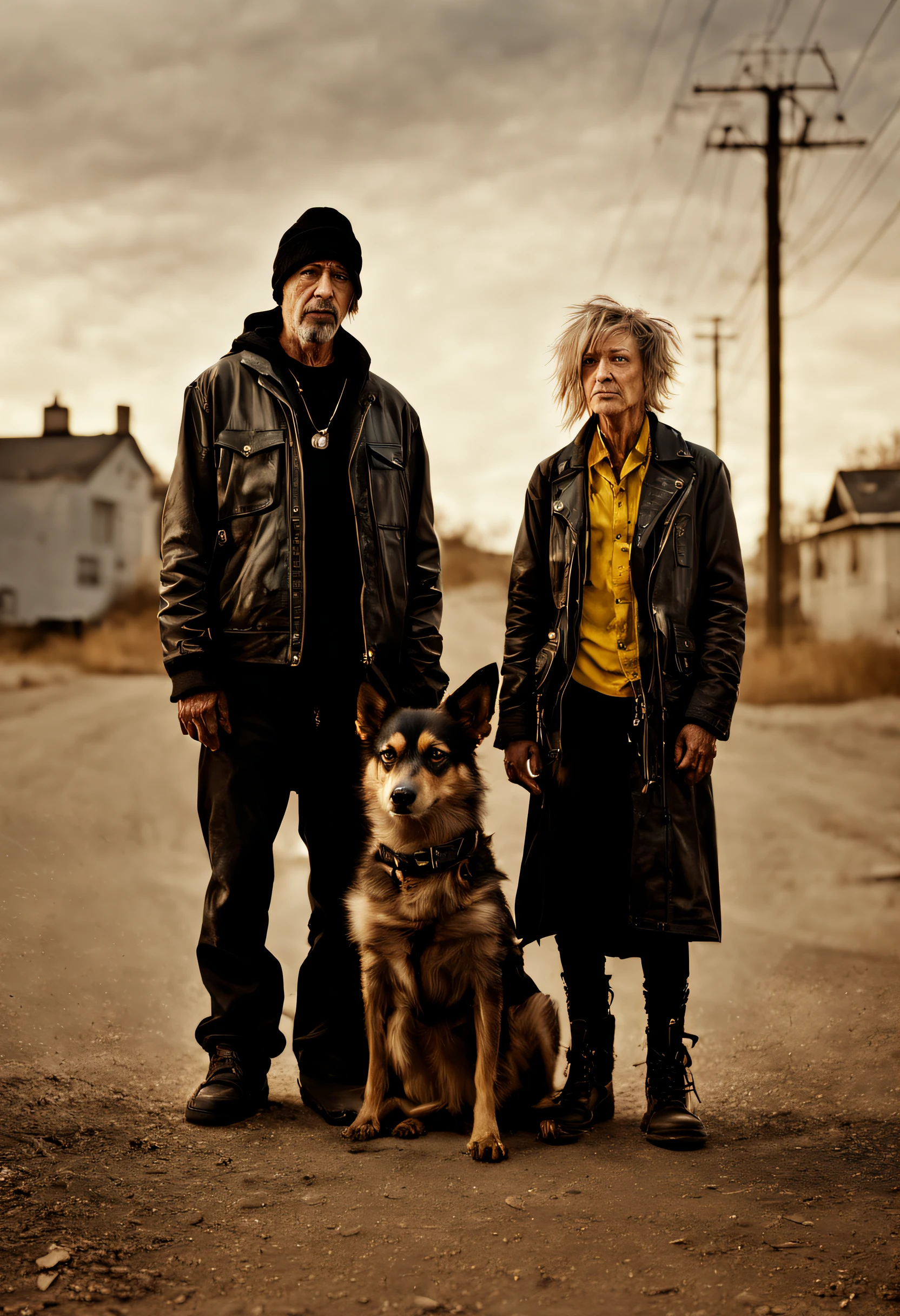 ((warped distortions, conceptual photography, individuals and abstract forms in tandem)), a family of punk homeless standing with a dog, ((Todd Hido style)), stark minimalism, backlit lighting, warm color tones, pointofview, futurism, mixed media, sharp details, shot on Hasselblad H6D400c with prime lens, rhythm, harmony, symmetry, saturation, sharpness, timelapse, HDR photography, Masterpiece, good composition, best quality, 8K, high res, ultra-detailed, cinematic look
