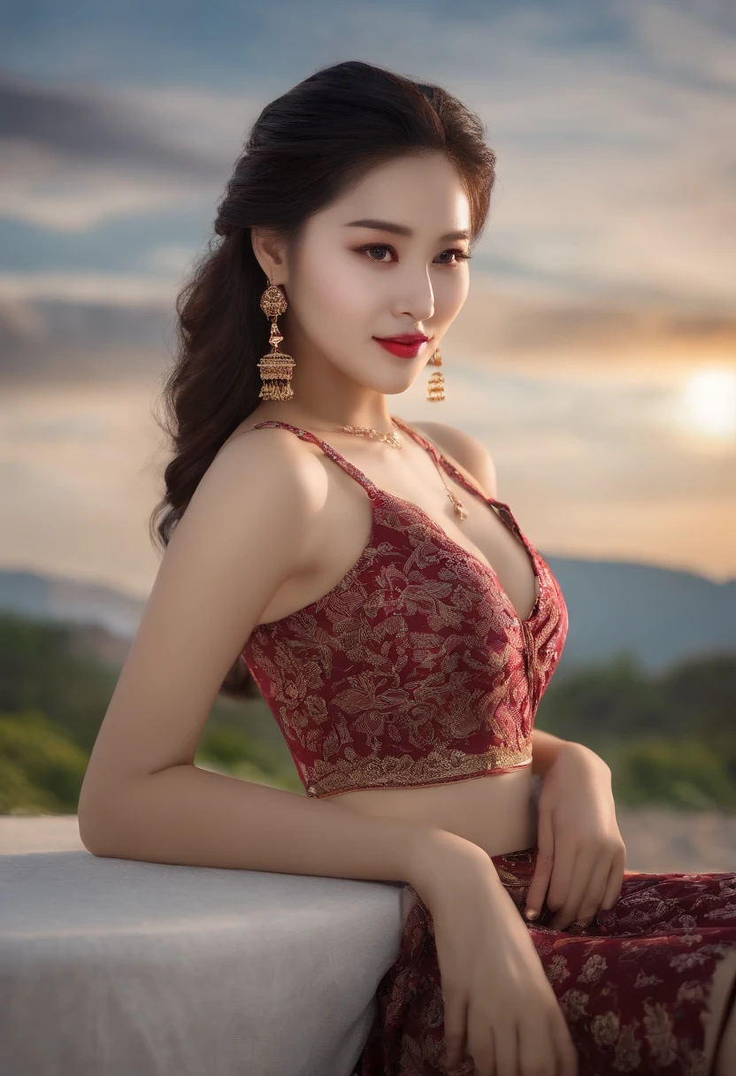 Asian women,tmasterpiece,Highest quality,photorealistic realism,Tremendously beautiful,Very detailed,Female characteristics are distinct,huge boob,whole body display,wearing short skirt,Plate hair,1 woman