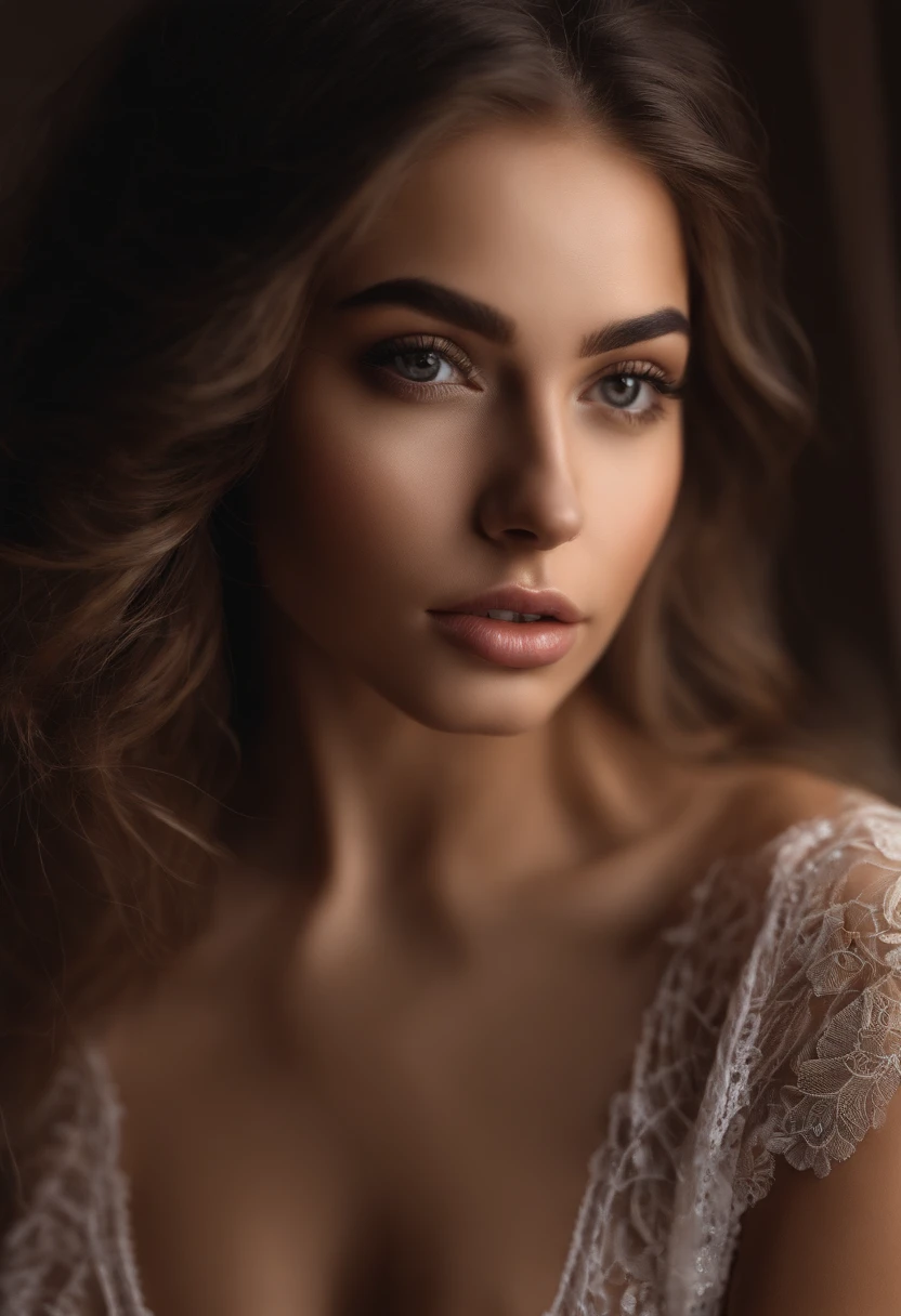 Arafed woman completely , fille sexy aux yeux bruns, ultra realist, Meticulously detailed, Portrait Sophie Mudd, cheveux bruns et grands yeux, selfie of a young woman, Dubai Eyes, Violet Myers, sans maquillage, maquillage naturel, looking straight at camera, Visage avec Artgram, Maquillage subtil, Great photo of the whole body kneeling on the bed, dans la chambre, Medium to large bust, See through lace underwear