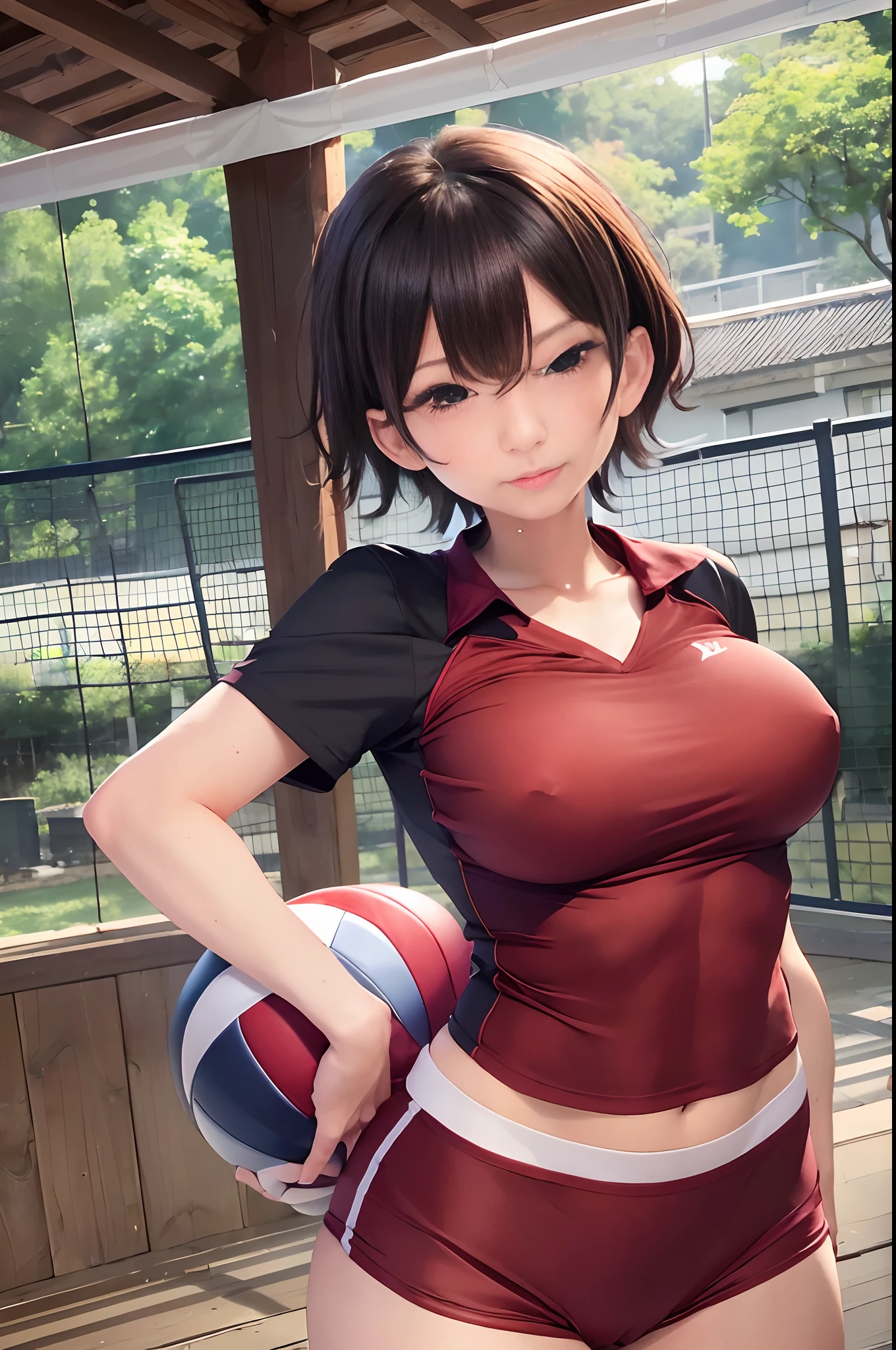 NSFW,(masutepiece, Highest Quality), High resolution, (Real Stick: 1.3), (Red tight volleyball uniform:1.2), 1girl in , A MILF, (Black short hair:1.1), Smaller bust size, Larger hips,Biting bloomers, Short stature, is standing,Sweat,(Chest up, From  above:1.2), (Gymnasium:1.1), Cute attractive mature Japan woman