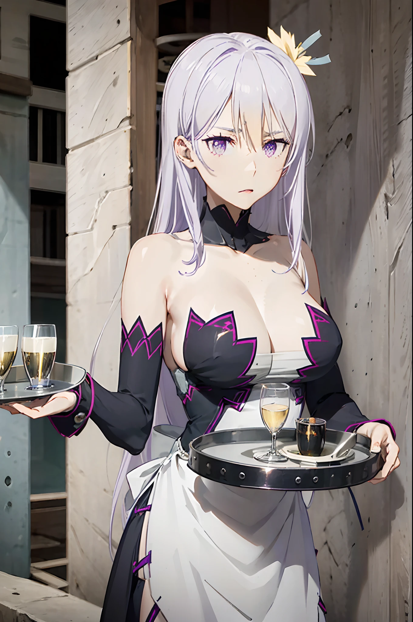reona,waitres dress, silver hair long hair large breasts purple eyes hair ornament jewerly hair between eyes,,waitress bdsm girl chained tray tray