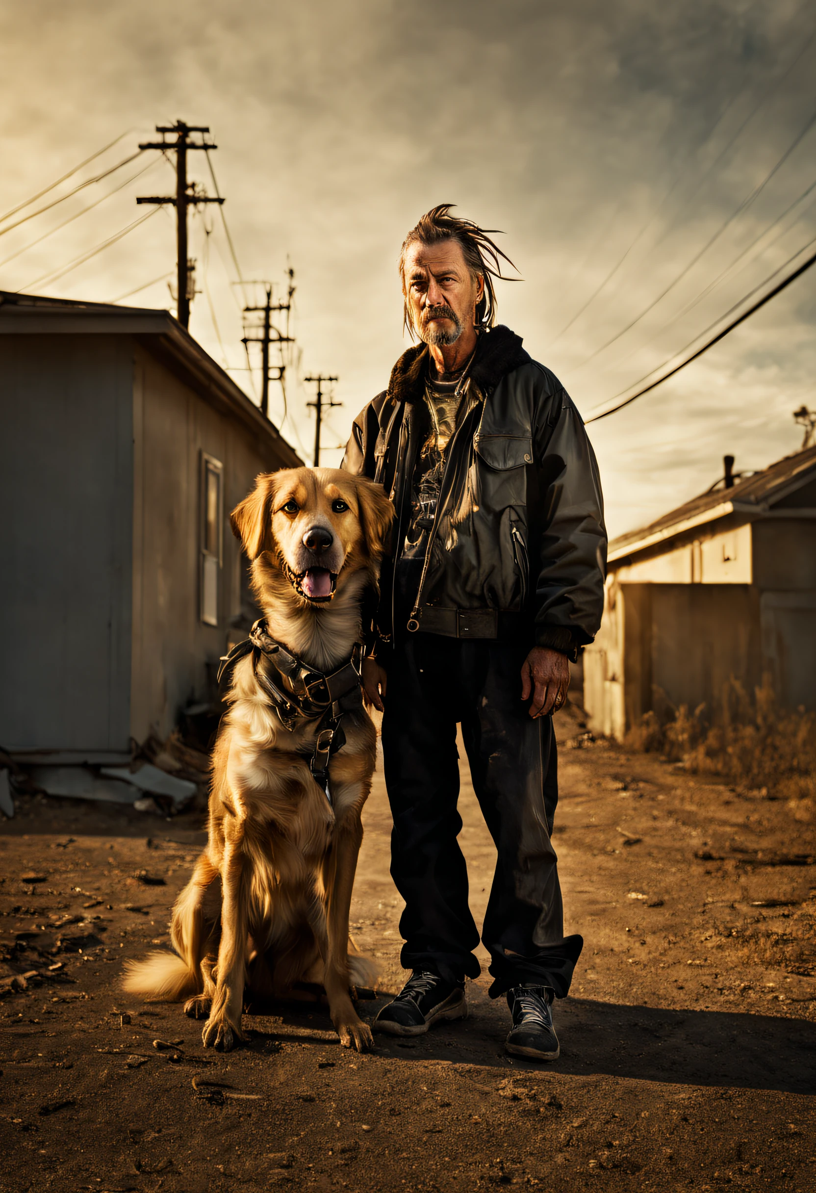 ((warped distortions, conceptual photography, individuals and abstract forms in tandem)), a family of punk homeless standing with a dog, ((Todd Hido style)), stark minimalism, backlit lighting, warm color tones, pointofview, futurism, mixed media, sharp details, shot on Hasselblad H6D400c with prime lens, rhythm, harmony, symmetry, saturation, sharpness, timelapse, HDR photography, Masterpiece, good composition, best quality, 8K, high res, ultra-detailed, cinematic look