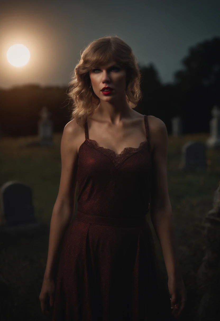 metallic texture, Taylor Swift as a zombie from the walking dead TV show, decomposing face, blood on face, cemetery background, full moon, evening, angry, dynamic pose, realistic, hyperealistic, cinematic, ray tracing, rim lighting, full body shot, 8k, hi quality, masterpiece, HD, octane render