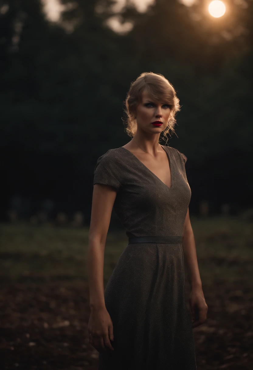 metallic texture, Taylor Swift as a zombie from the walking dead TV show, decomposing face, blood on face, cemetery background, full moon, evening, angry, dynamic pose, realistic, hyperealistic, cinematic, ray tracing, rim lighting, full body shot, 8k, hi quality, masterpiece, HD, octane render