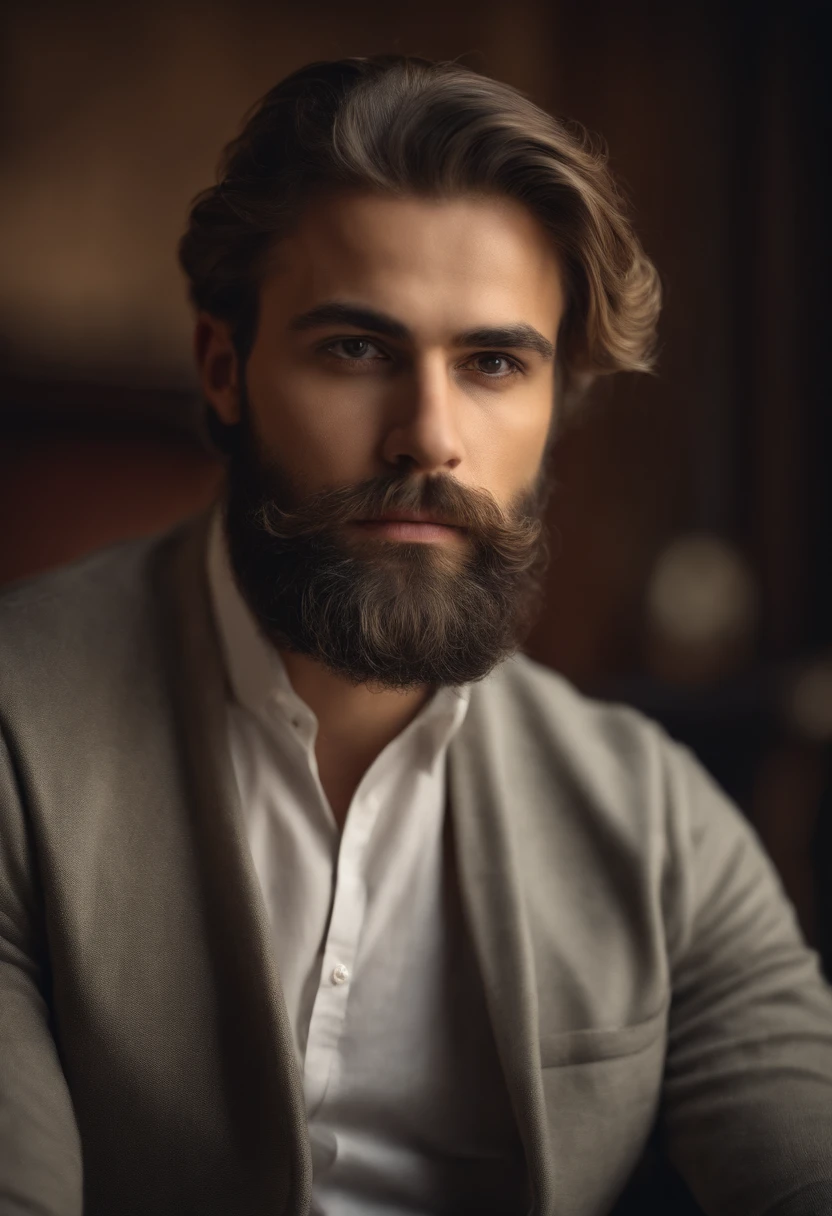 A young, bearded, tabby, defined and attractive psychologist, sitting and looking forward serenely;,barba bem cuidada,serious facial expression,Bifocals,wise and experienced,poltrona de couro,