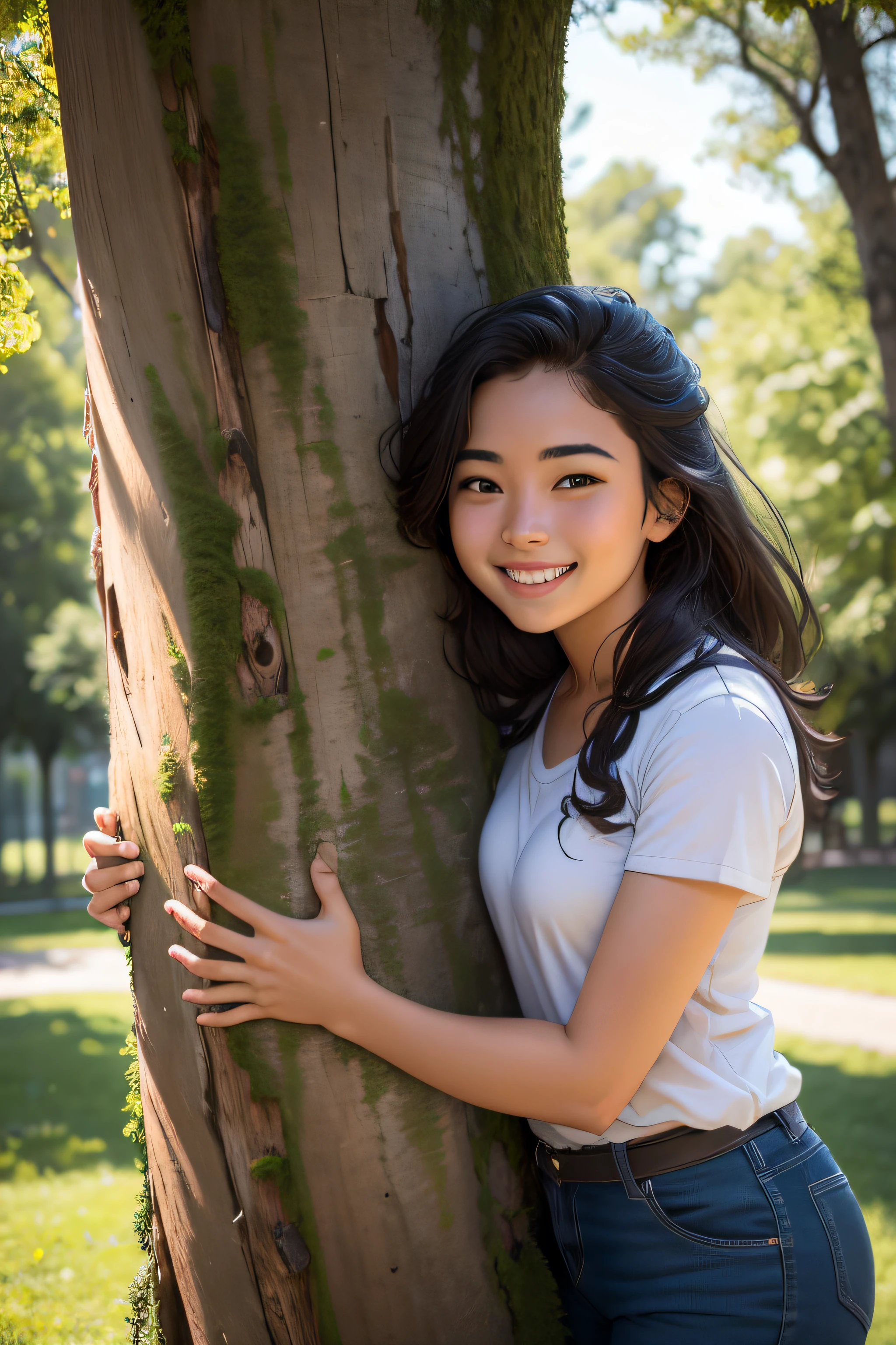 Student hugging tree trunk. O aluno deve estar muito feliz, Alegre, sorridente. Jovem entre 22 e 25 anos. The tree should be beautiful.