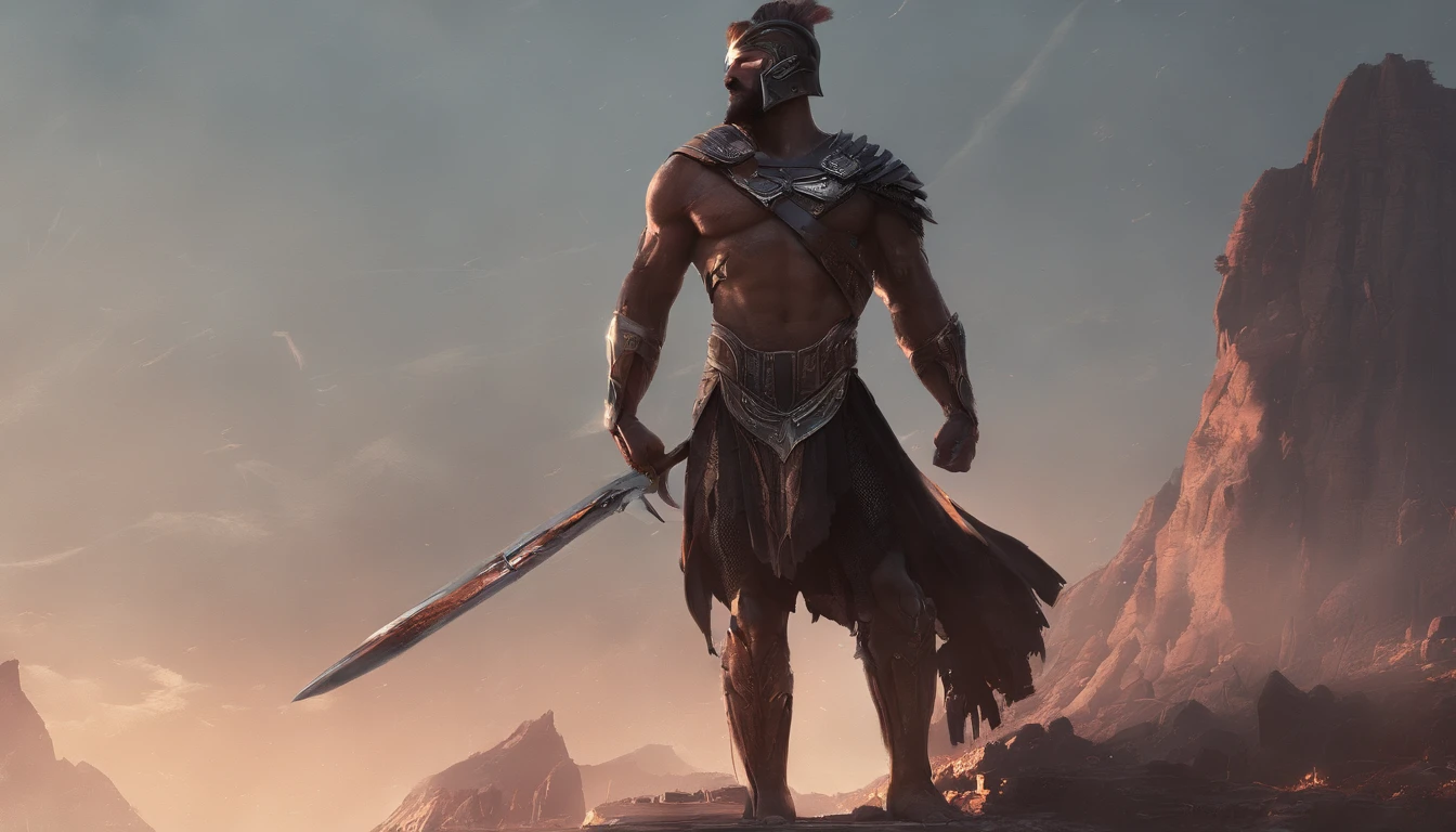 Wide cinematic image of Spartan ,Pose imponente muy musculosa ,Inspirado en caracteres griegos ,Antecedentes detallados ,8k,Super detailed, mirando al costado, Inspirado en personajes estoicistas, iluminacion cinematica, dark aesthetic