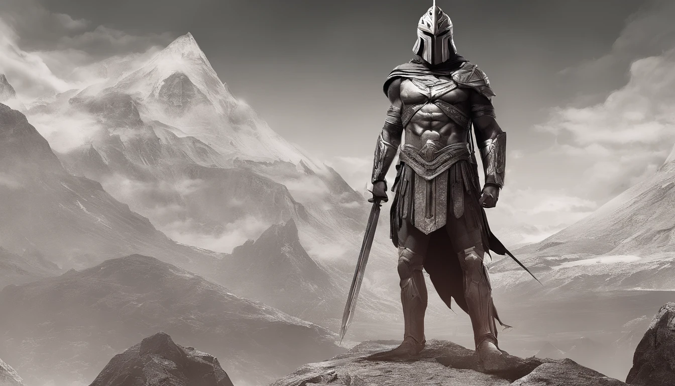 Wide cinematic image of Spartan ,Pose imponente muy musculosa ,Inspirado en caracteres griegos ,Antecedentes detallados ,8k,Super detailed, mirando al costado, Inspirado en personajes estoicistas, iluminacion cinematica, dark aesthetic