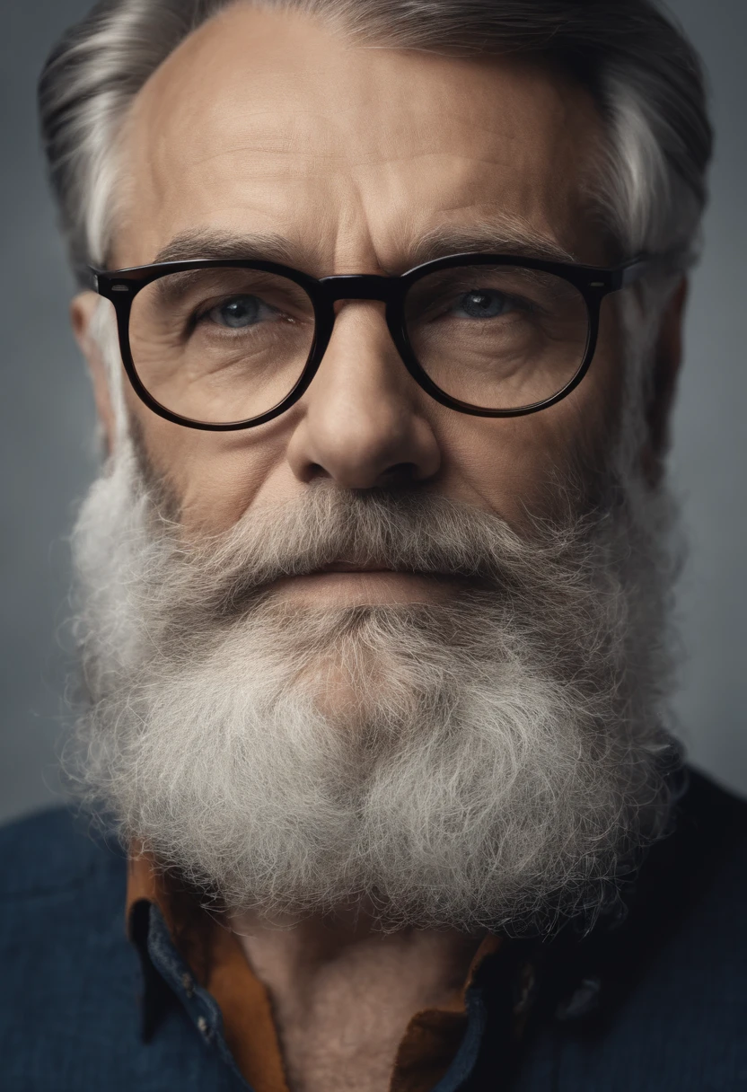 A tabby-shaven old bearded psychologist, definido e atraente, sentado e olhando para a frente serenamente, barba bem cuidada,soft facial expression, eyeglass, wise and experienced