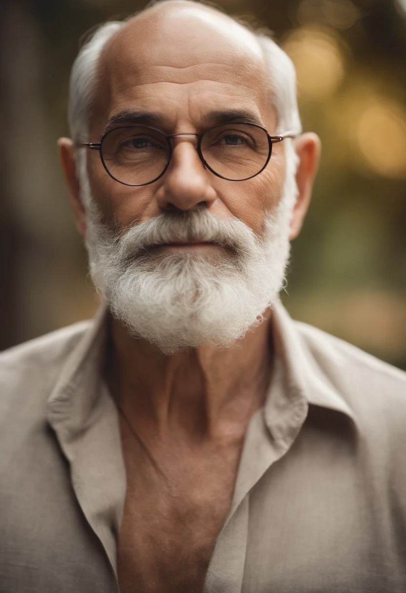 A tabby-shaven old bearded psychologist, definido e atraente, sentado e olhando para a frente serenamente, barba bem cuidada,soft facial expression, eyeglass, wise and experienced