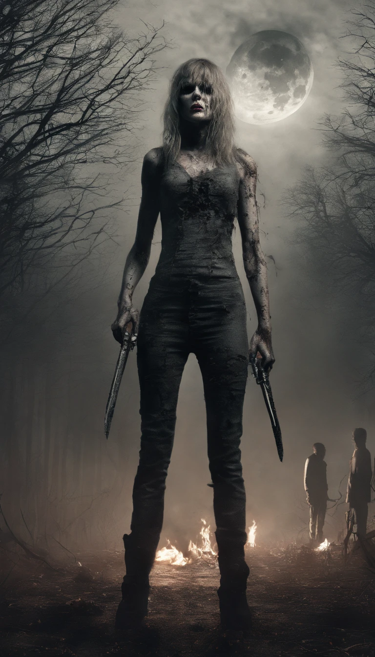 metallic texture, Taylor Swift as a zombie from the walking dead TV show, decomposing face, blood on face, cemetery background, full moon, evening, angry, dynamic pose, realistic, hyperealistic, cinematic, ray tracing, rim lighting, full body shot, 8k, hi quality, masterpiece, HD, octane render