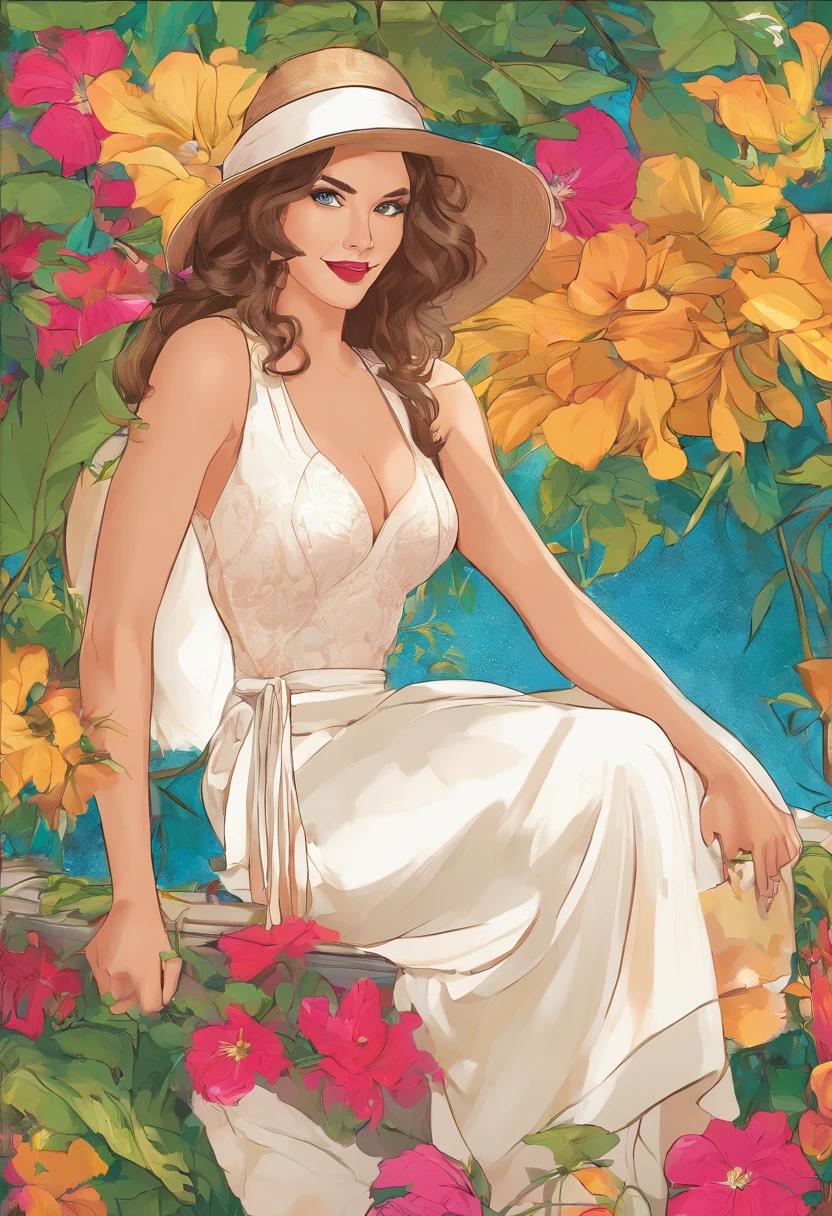 A painting of a woman in a white dress and hat sitting on a bench ...