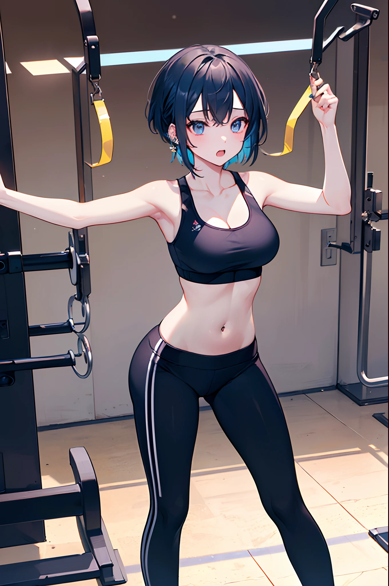 ((8K、high-level image quality、​masterpiece))1 girl in、short-hair、A dark-haired、Blue Inner Color、Ear-piercing，Moderately breasts、Black Sports Bra、Navel Ejection、Black Leggings、Training gym background