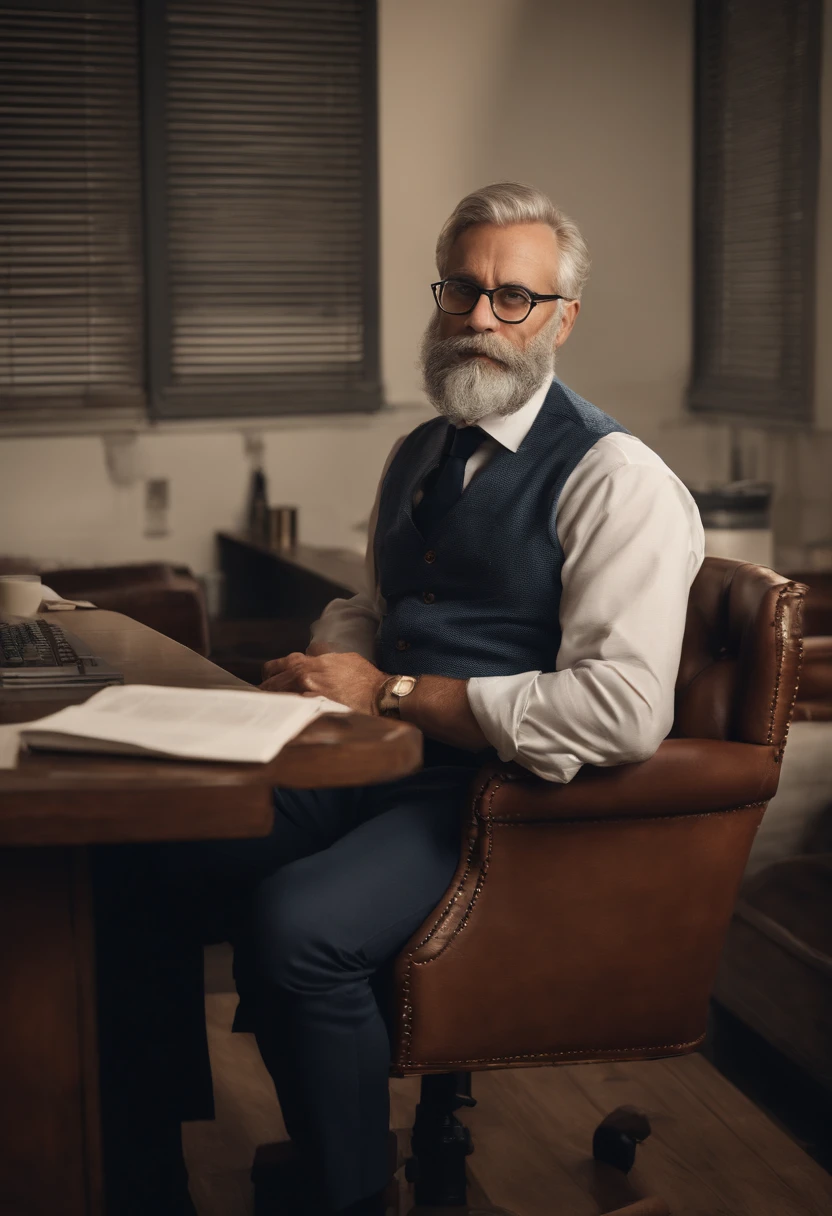 A tabby-shaven old bearded psychologist, definido e atraente, sitting in the office, cena ampla,olhando para a frente serenamente, barba bem cuidada,soft facial expression, eyeglass, wise and experienced