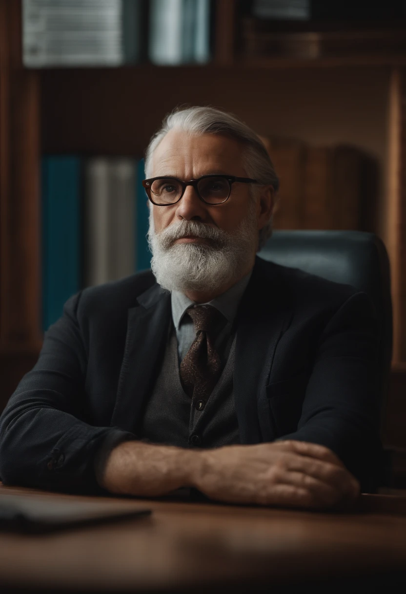 A tabby-shaven old bearded psychologist, definido e atraente, sitting in the office, cena ampla,olhando para a frente serenamente, barba bem cuidada,soft facial expression, eyeglass, wise and experienced