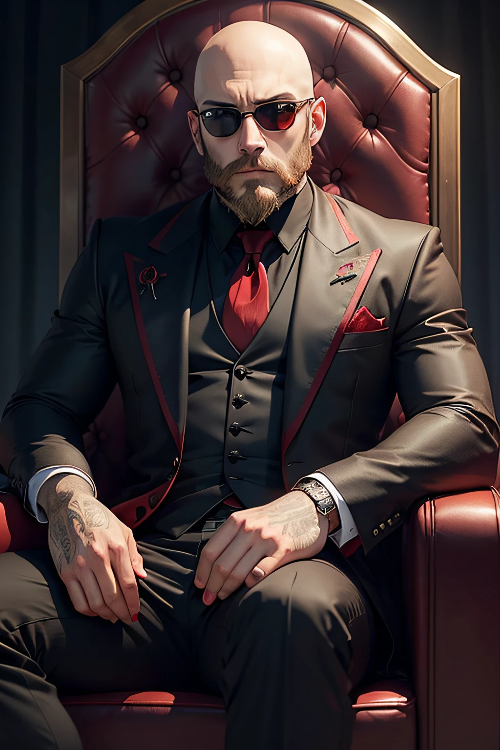 man, bald, with beard and red sunglasses, suit, predominant red and black colors, gothic style, sitting on a throne, gothic, darkness, fantasy, anime style