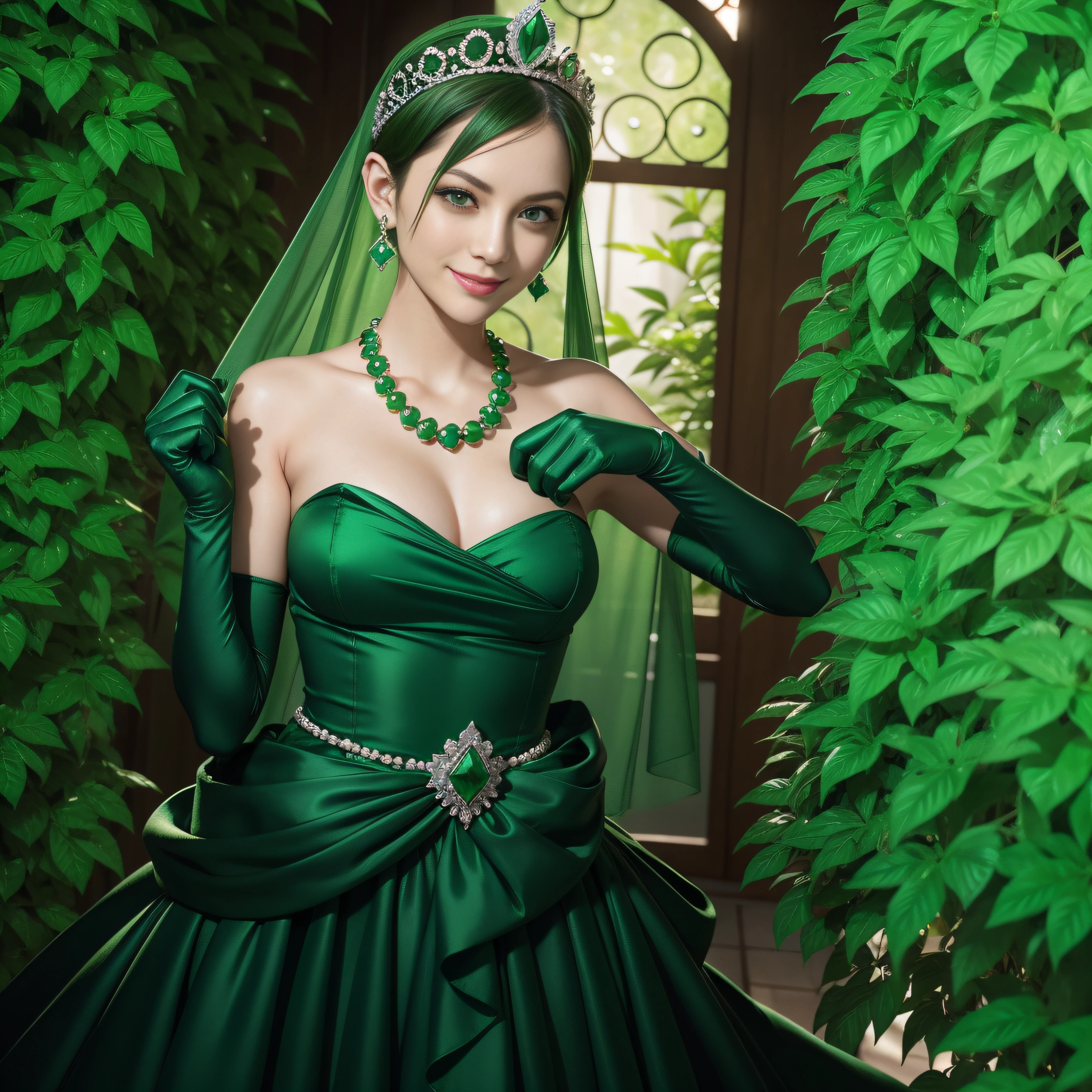 emerald tiara, Green Pearl Necklace, Boyish very short green hair, lipsticks, Japan woman smiling, very short short hair, fist, big breasts beautiful, Green eyes, Long green gloves made of satin material, Green eyes, Emerald Earrings, holding swords