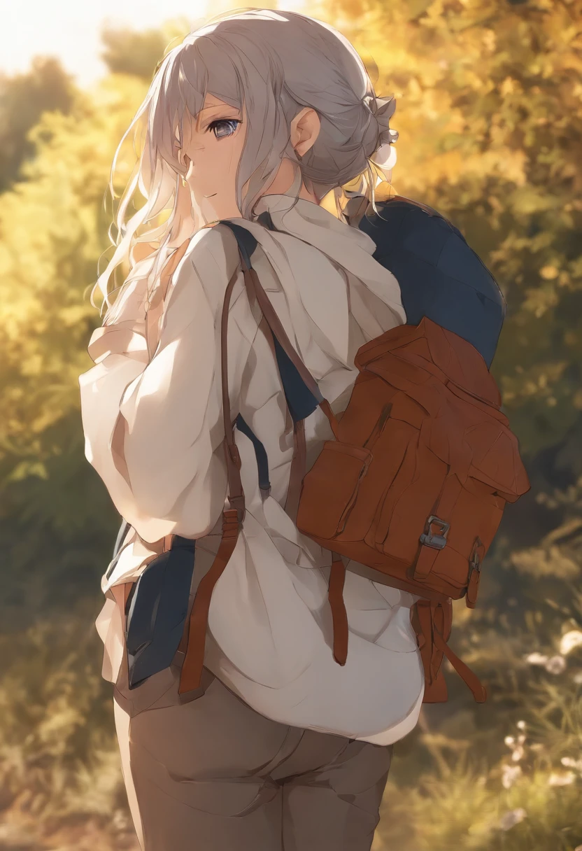 personagem de anime, com mochila, roupas de couro, correndo , Side view, campo