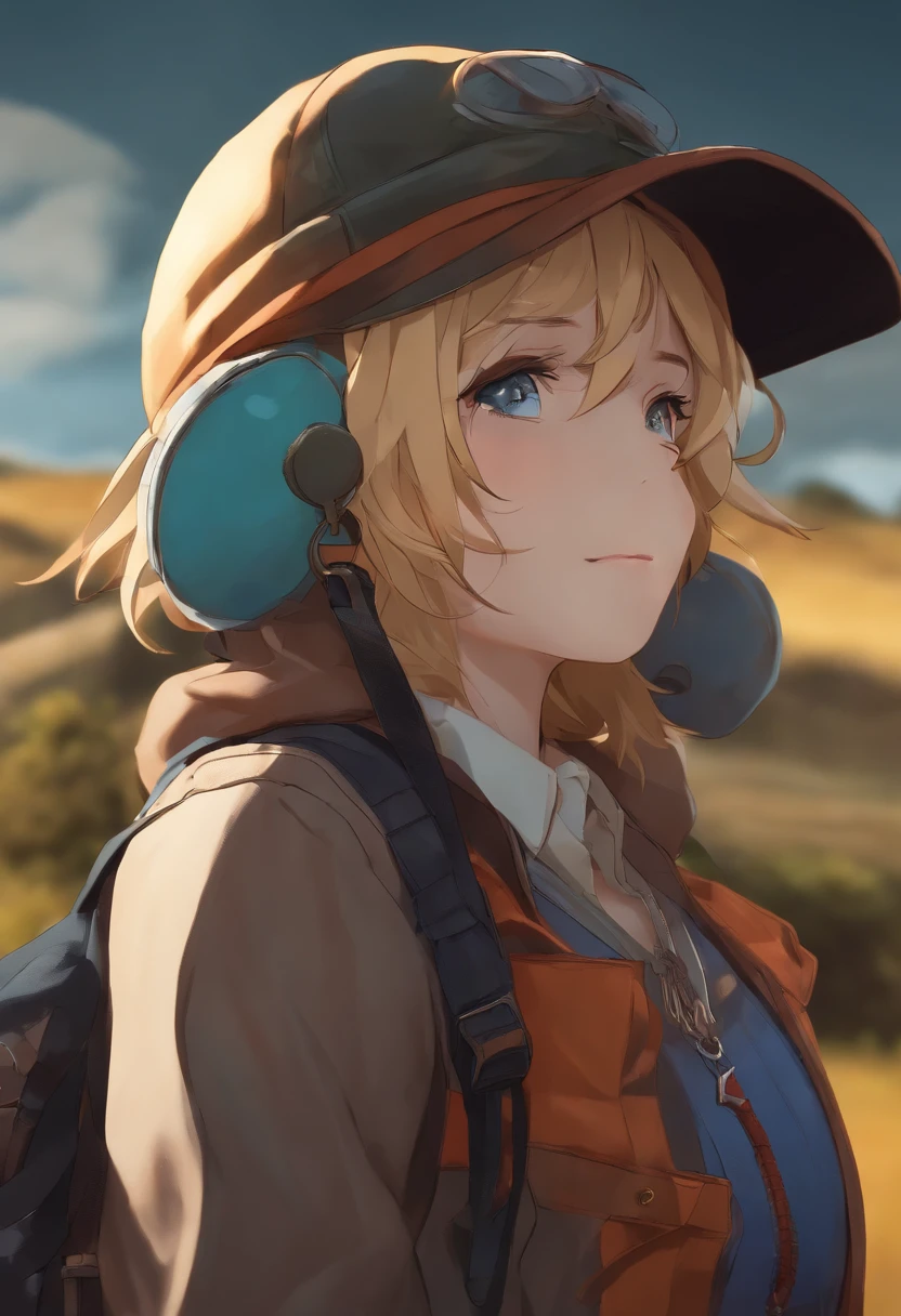 personagem de anime, com mochila, roupas de couro, correndo , Side view, campo