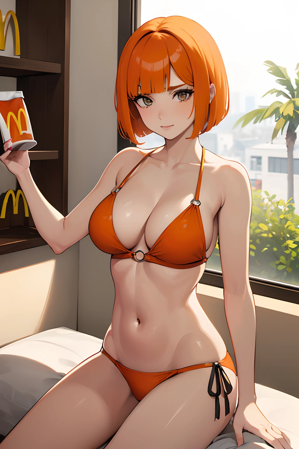 Mujer, (pechos grandes), ((corte bob recto)), ((cabello naranja)), (solo), sexy Orange hair, ((mcdonald's)), bikini, (((straight bob cut))) straight bob cut