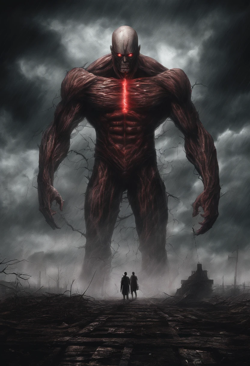 colossal titan with red eyes that controls lightning and storms