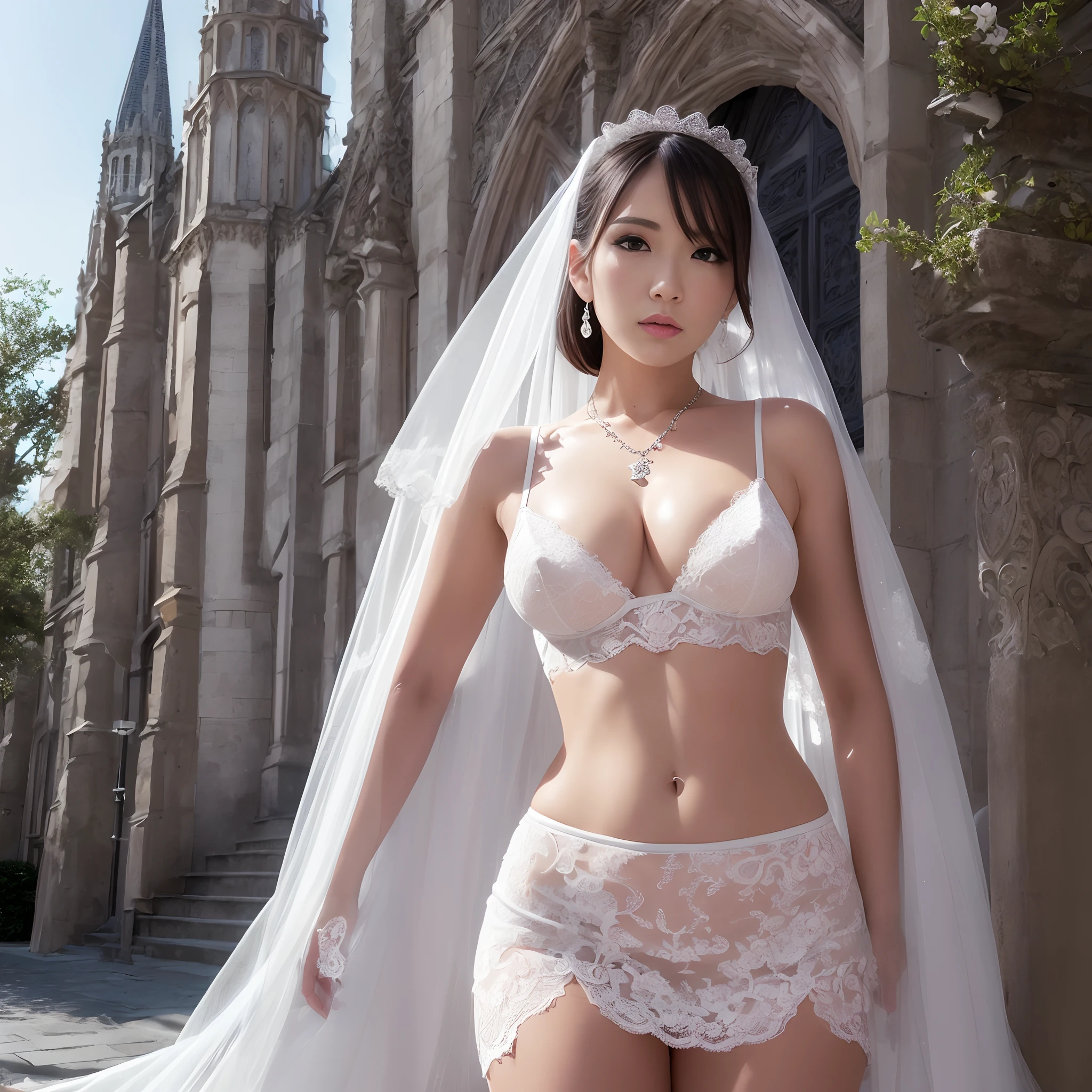 (((nffsw))), (((masutepiece))), (((8K))), (((hight resolution))), (((surrealism))), (((Cinematic lighting))), god rays, Zoom Layer, (((FULL BODYSHOT))), F/4.0, canon, Shiny skin,Detailed skin,Detailed face, Detailed eyes, Beautiful Japan bride, No top, Pose in front of a beautiful wedding church, a white veil, Bra exposed upper body, White lace bra, Wedding dress with miniskirt only for the lower body, tiny chest , silver earing, Diamond necklace, Mystical sight, confeti, sunny sky, Church stairs