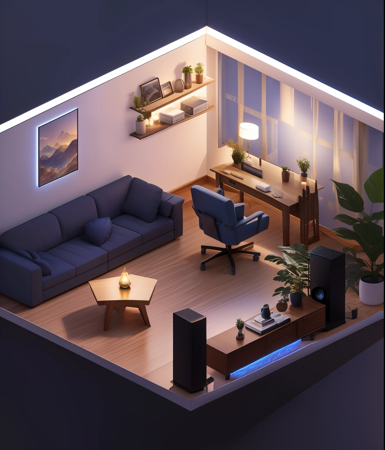 Alafed view of living room with sofa, The table, and TV, Isometric 8K, Isometric style, detailed ambient lighting, Ambient lighting from above, personal room background, Isometric 3D rendering, Gentle ambient lighting, Cozy home background, Ambient lighting very detailed, detailed 2D illustration, Incredible isometric screenshots, 3d rendering stylized