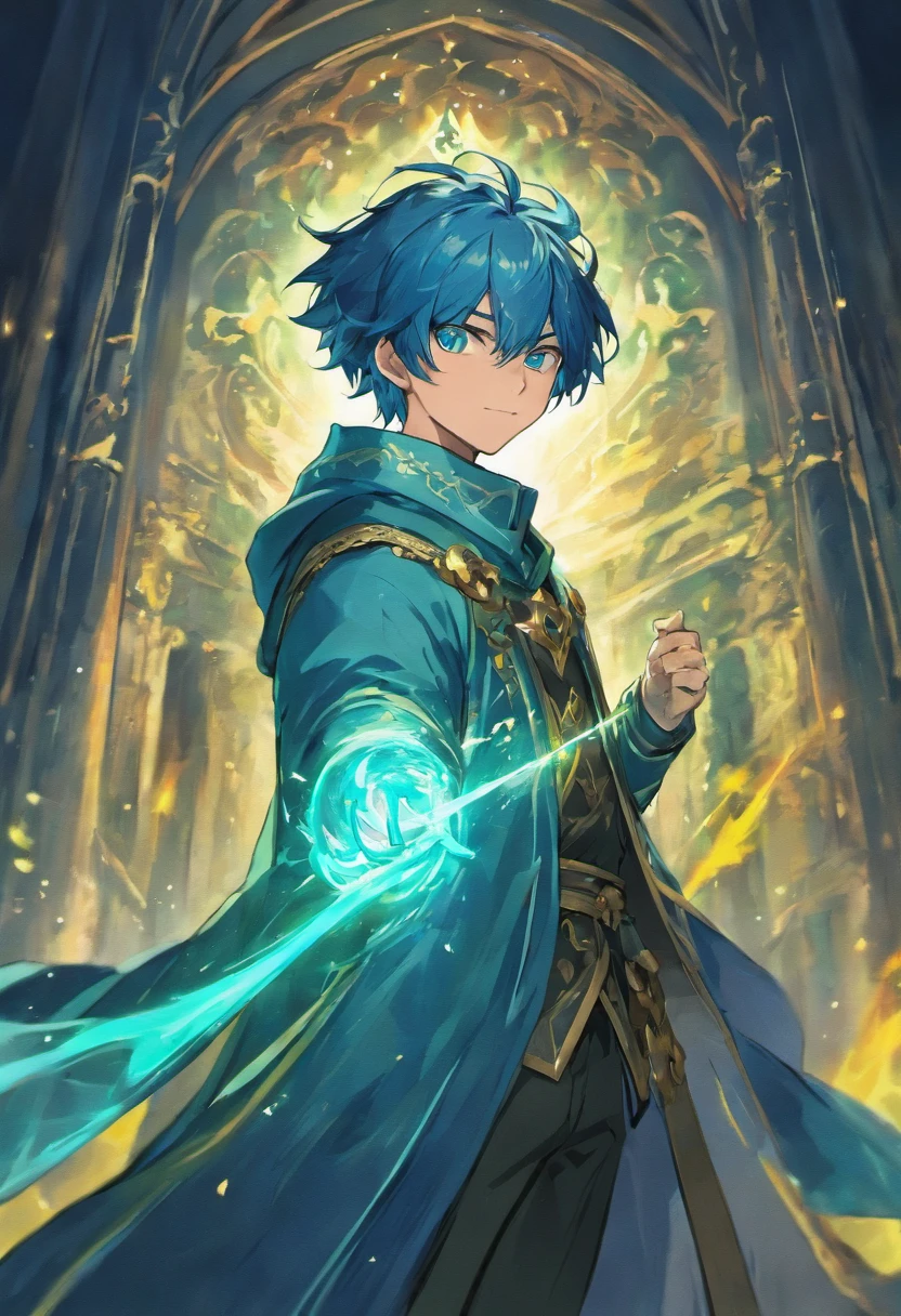 Handsome male, muscular, blue hair, green eyes, fantasy setting, robes, wizard staff, smile